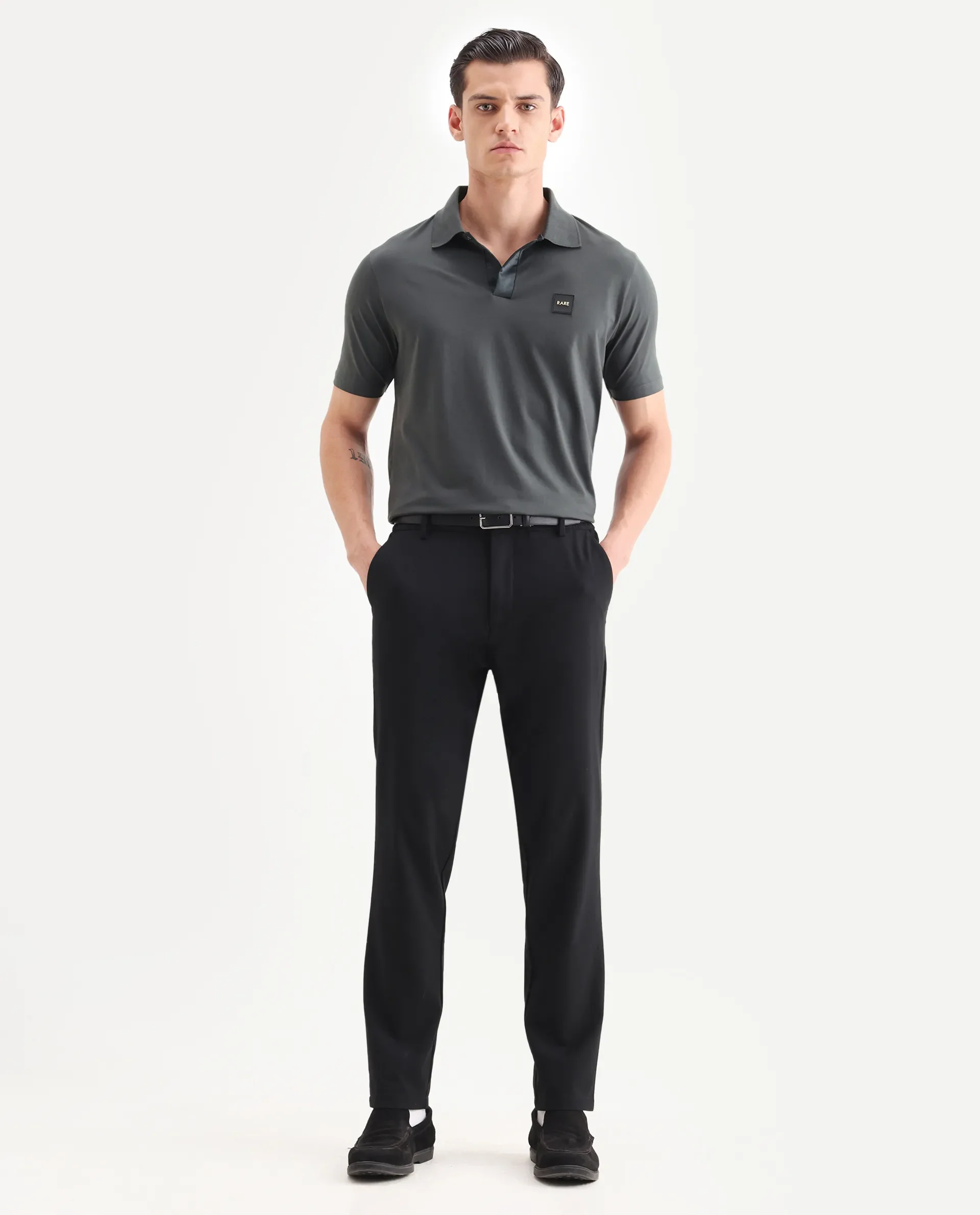 Rare Rabbit Men's Centor Dark Grey Cotton Plain Regular Fit Half Sleeve Polo - Image 2