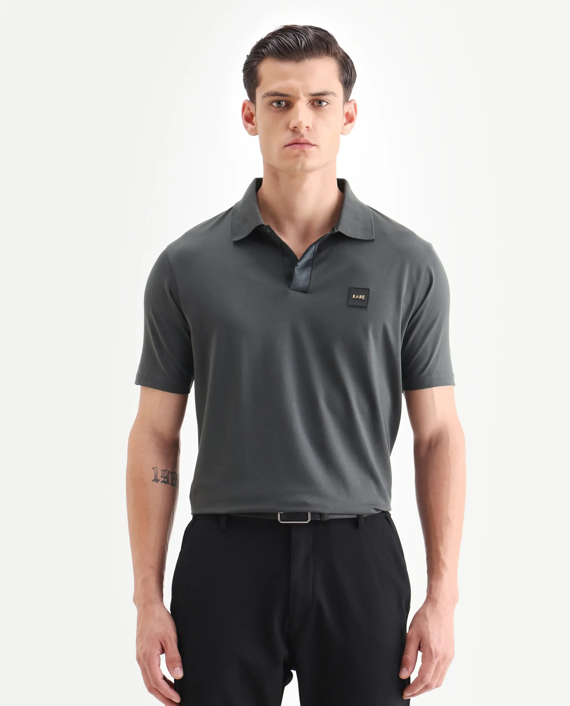 Rare Rabbit Men's Centor Dark Grey Cotton Plain Regular Fit Half Sleeve Polo - Image 4