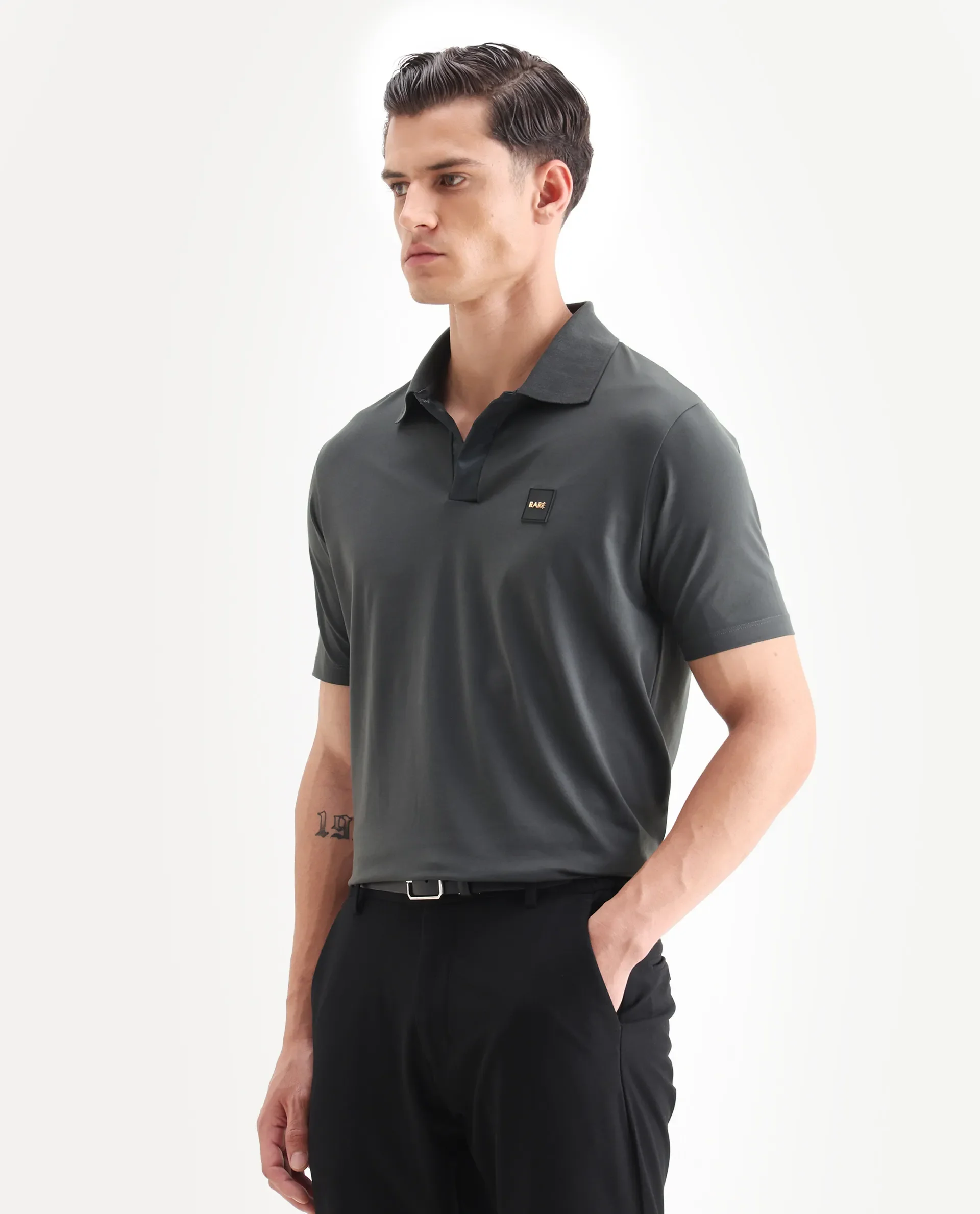 Rare Rabbit Men's Centor Dark Grey Cotton Plain Regular Fit Half Sleeve Polo - Image 5