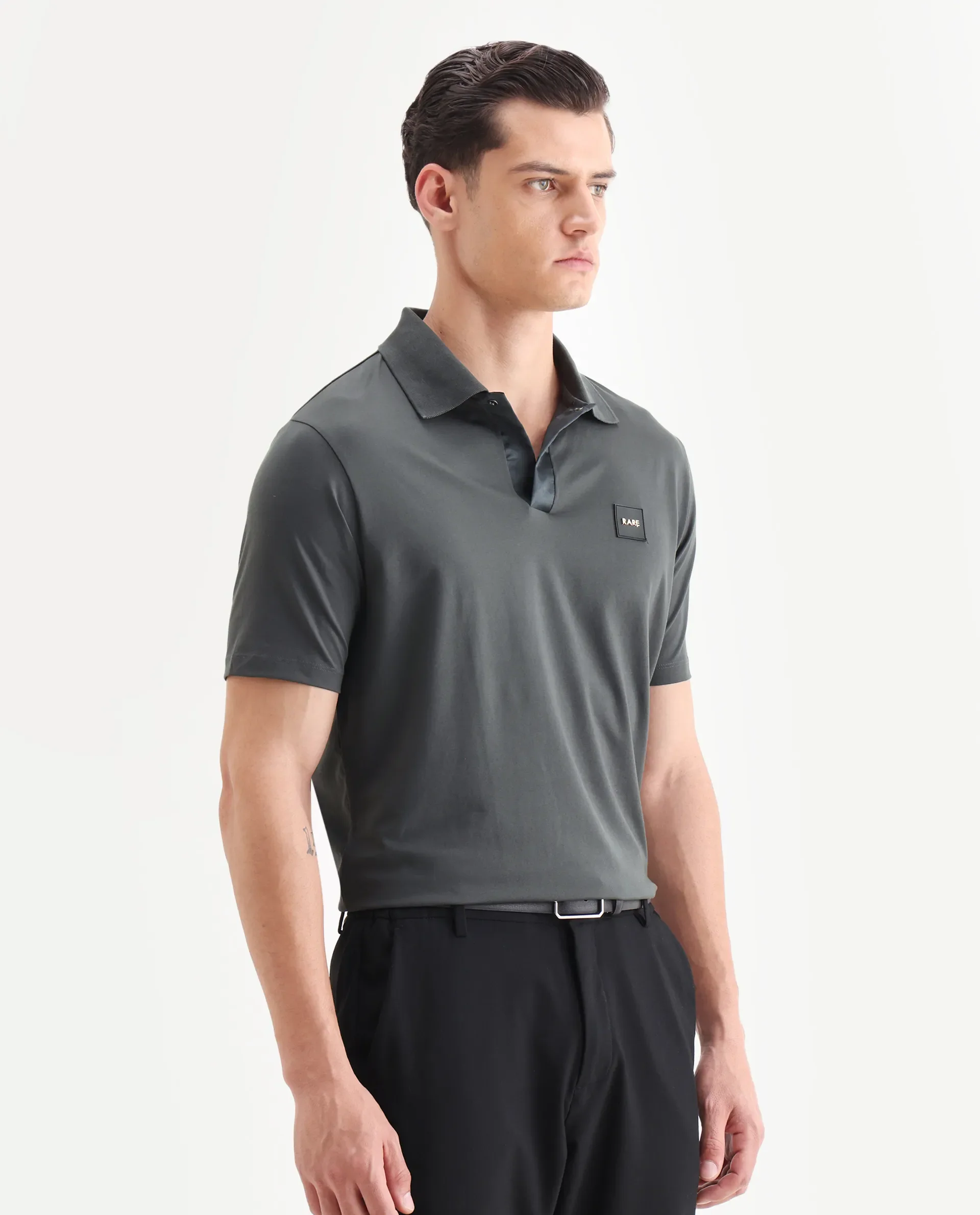 Rare Rabbit Men's Centor Dark Grey Cotton Plain Regular Fit Half Sleeve Polo - Image 6