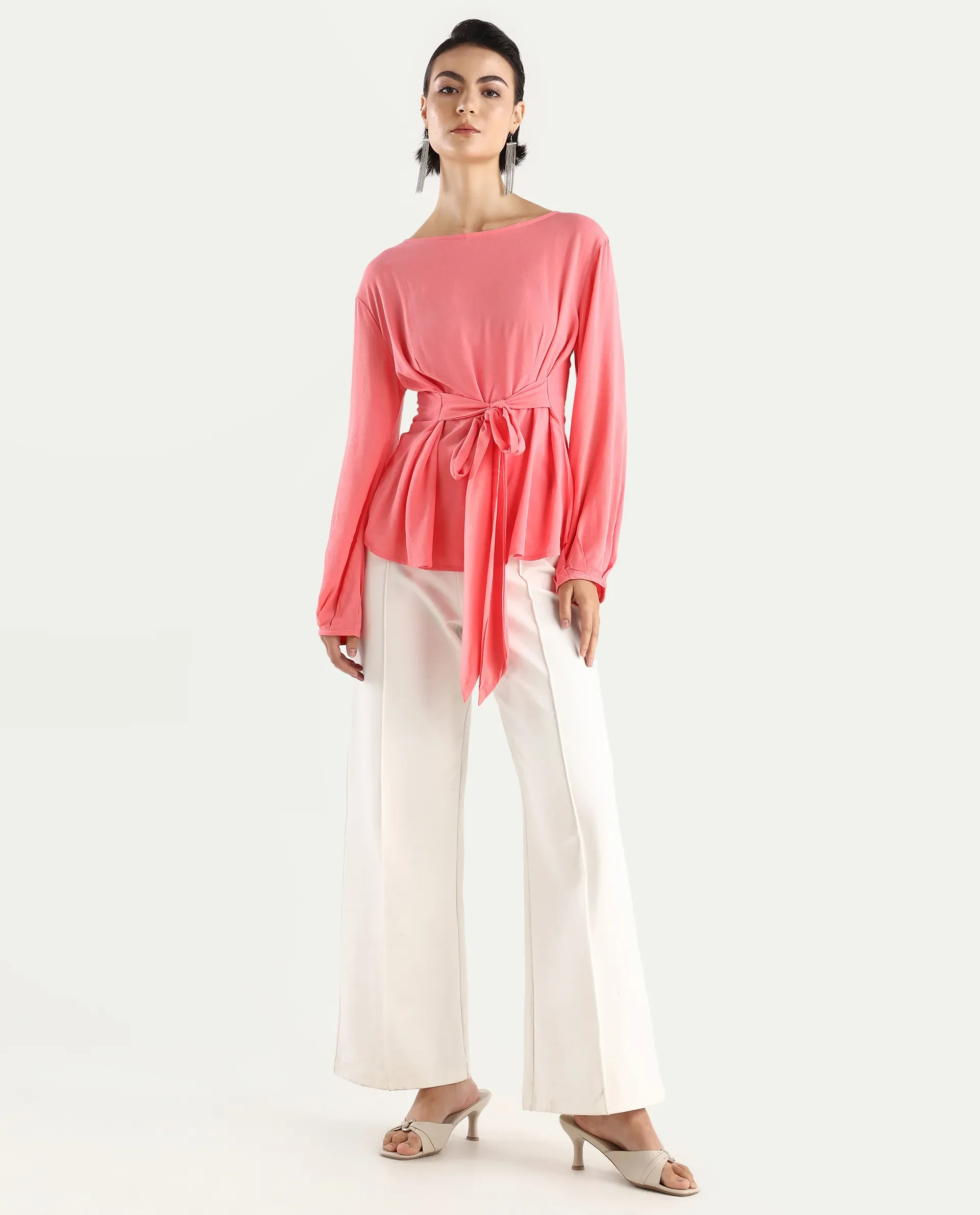 Rareism Women's Centro Dark Pink Viscose Blend Boat Neck Plain Bishop Sleeve Regular Fit Top - Image 2