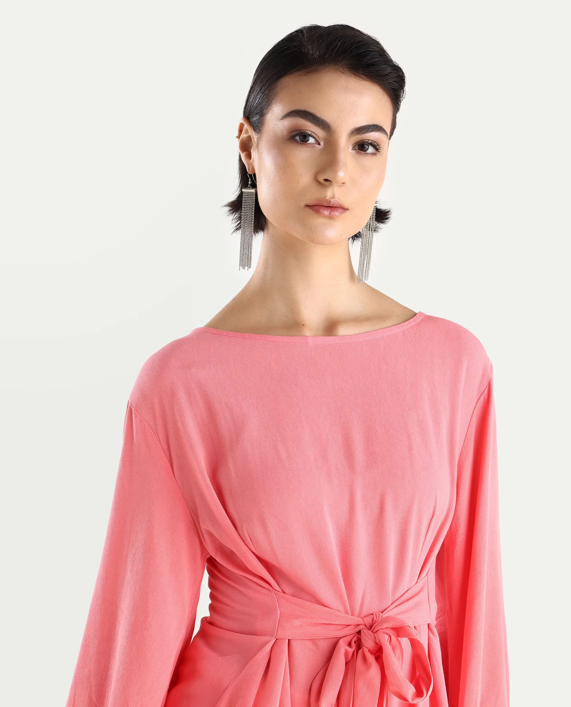 Rareism Women's Centro Dark Pink Viscose Blend Boat Neck Plain Bishop Sleeve Regular Fit Top - Image 3