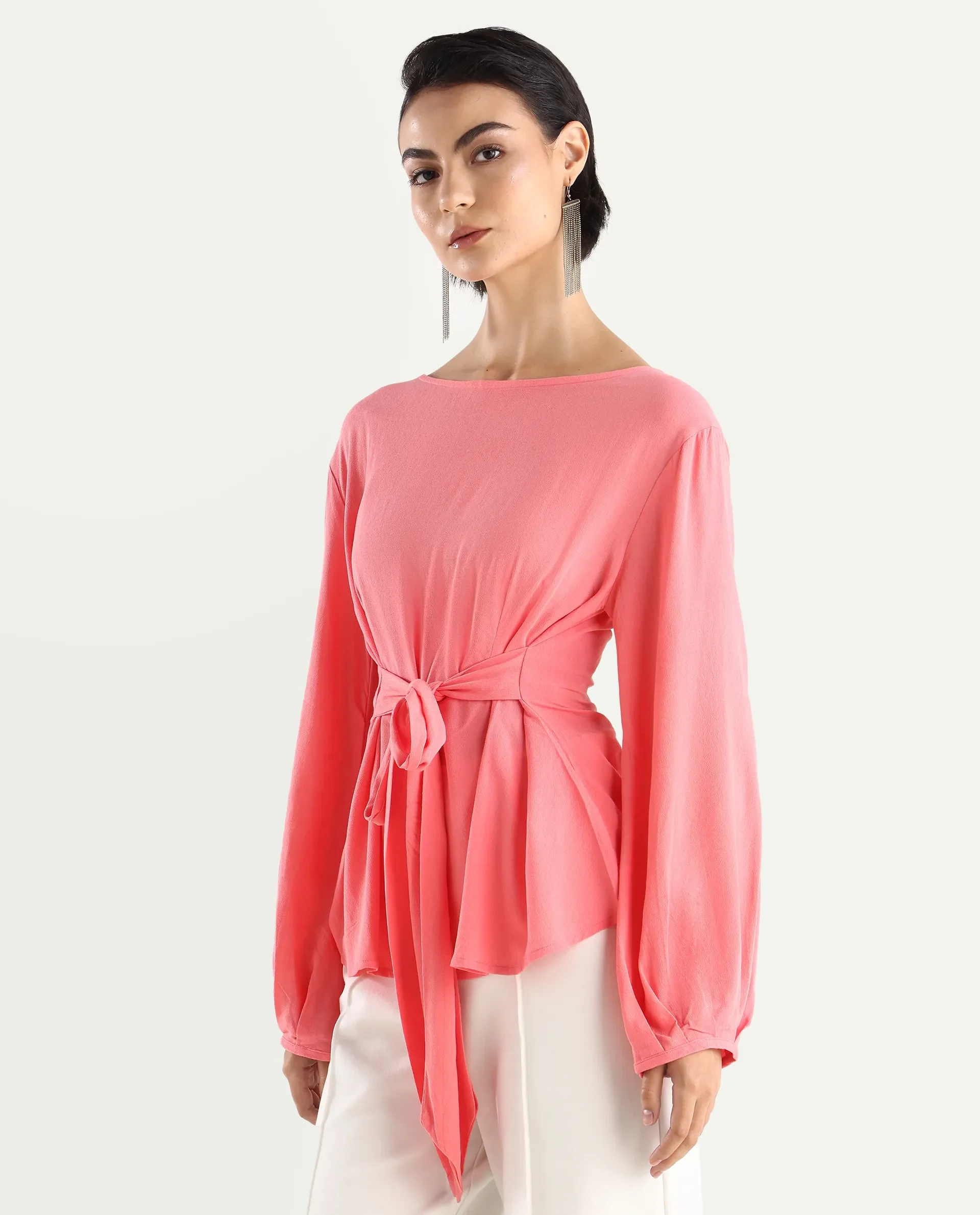 Rareism Women's Centro Dark Pink Viscose Blend Boat Neck Plain Bishop Sleeve Regular Fit Top - Image 5