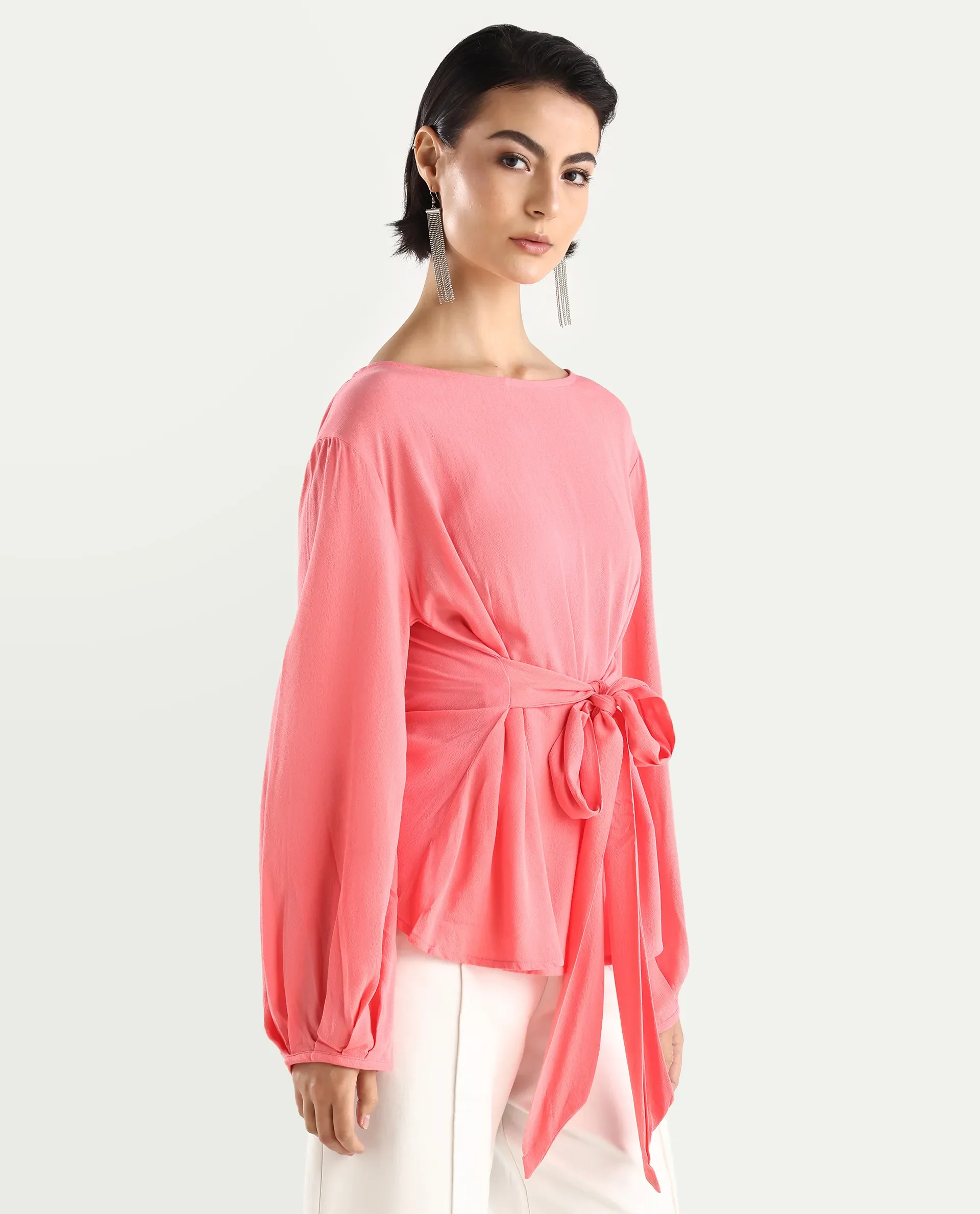 Rareism Women's Centro Dark Pink Viscose Blend Boat Neck Plain Bishop Sleeve Regular Fit Top - Image 6