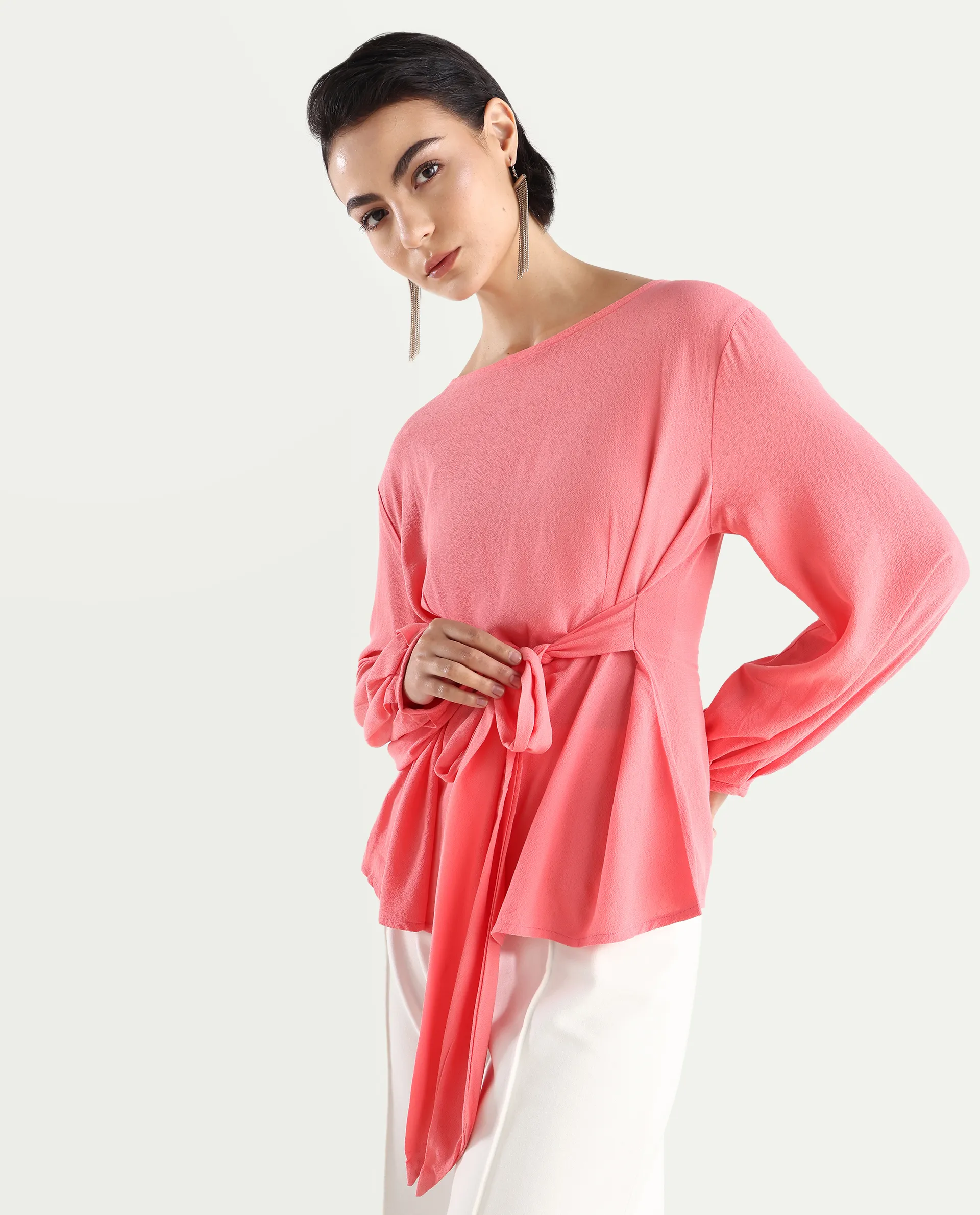 Rareism Women's Centro Dark Pink Viscose Blend Boat Neck Plain Bishop Sleeve Regular Fit Top - Image 7