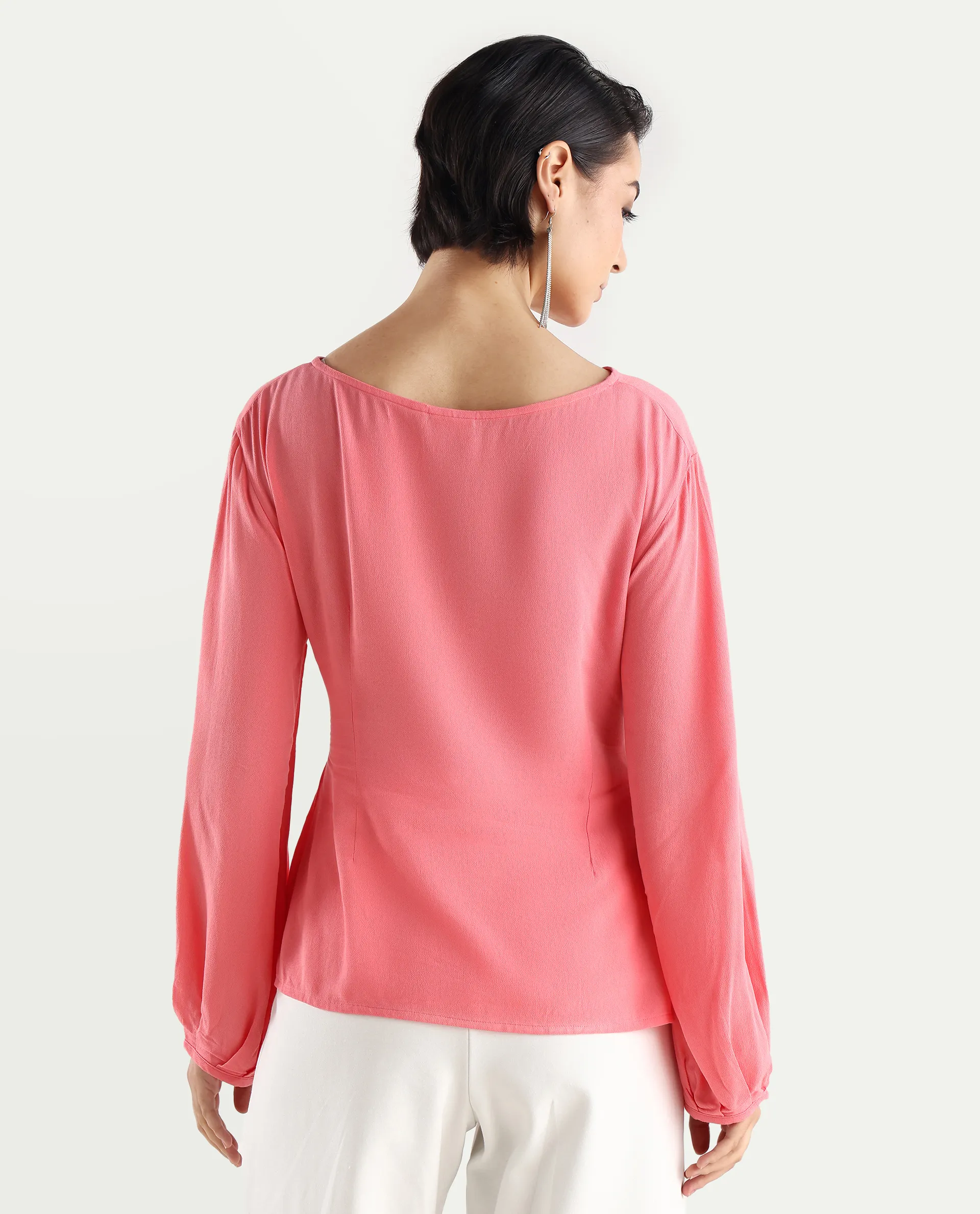 Rareism Women's Centro Dark Pink Viscose Blend Boat Neck Plain Bishop Sleeve Regular Fit Top - Image 8