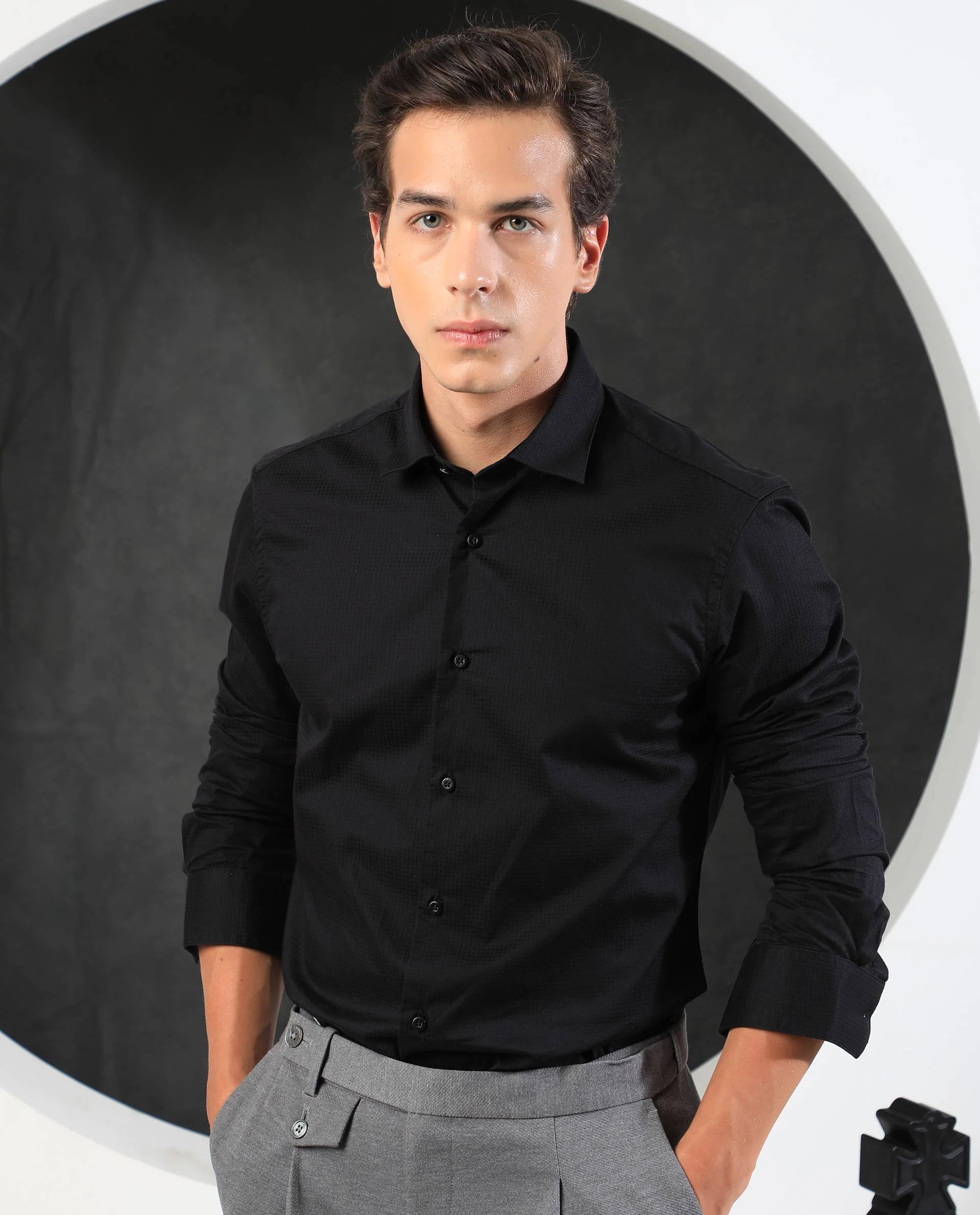 Rare Rabbit Men's Cent Black Cotton Plain Regular Fit Full Sleeve Spread Collar Shirt - Image 3
