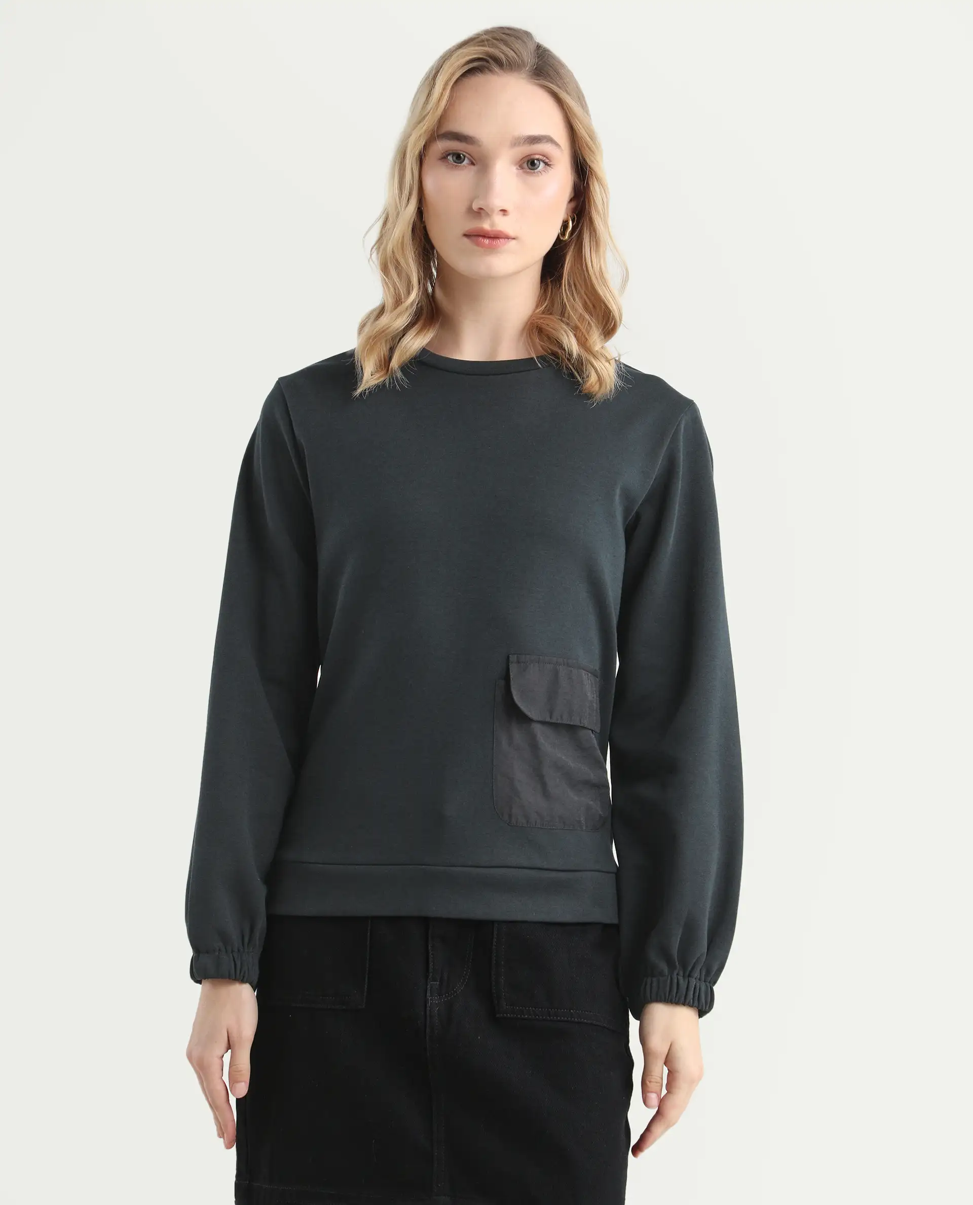 Rareism Women's Century Black Cotton Blend Crew Neck Plain Sleeveless Relaxed Fit Sweatshirt - Image 3