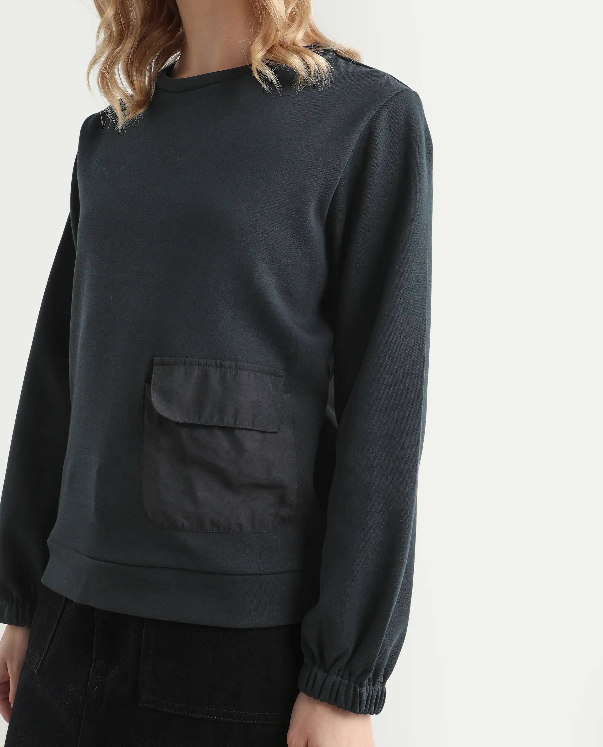 Rareism Women's Century Black Cotton Blend Crew Neck Plain Sleeveless Relaxed Fit Sweatshirt - Image 4