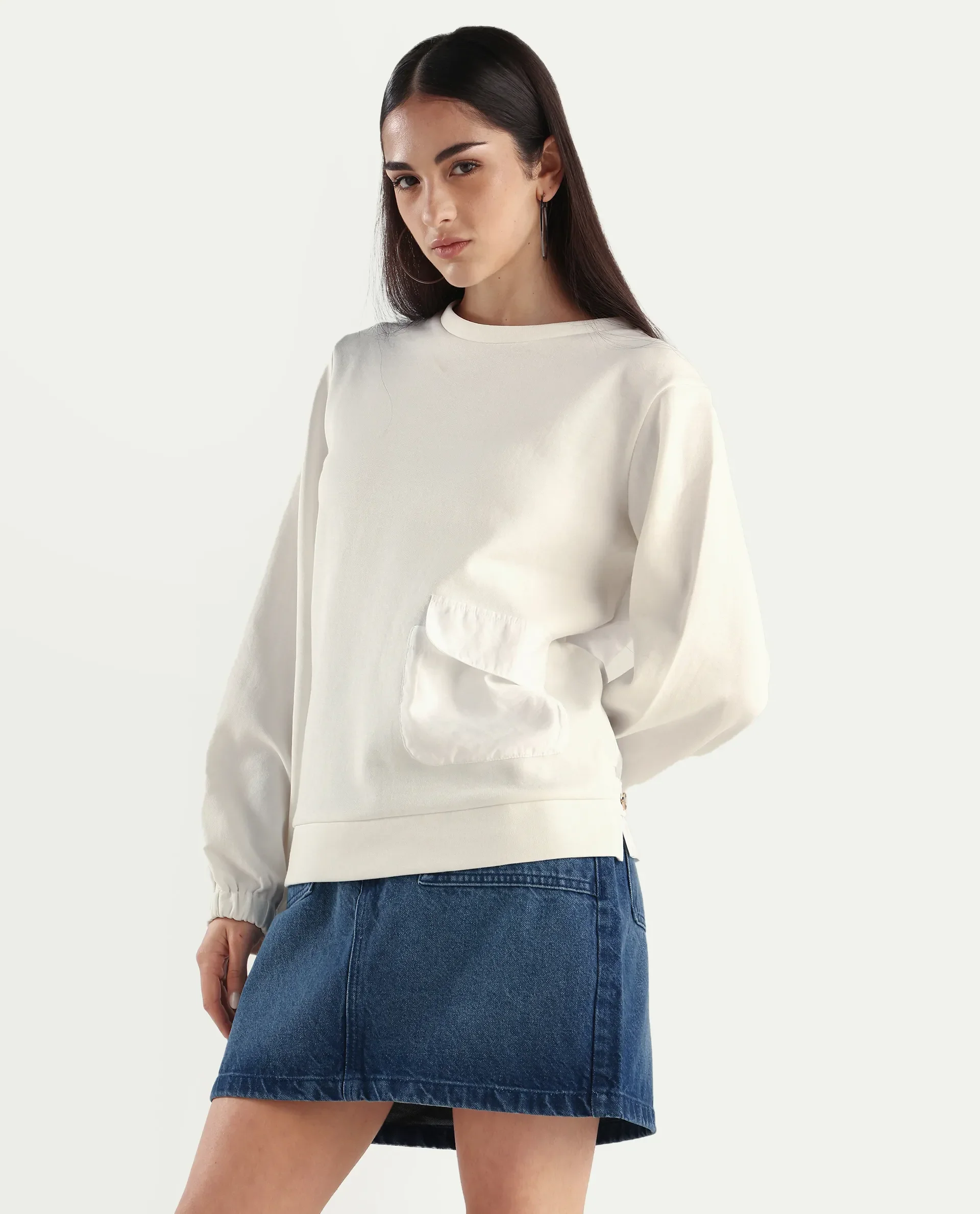 Rareism Women's Century Off White Cotton Blend Crew Neck Plain Relaxed Fit Sweatshirt - Image 6