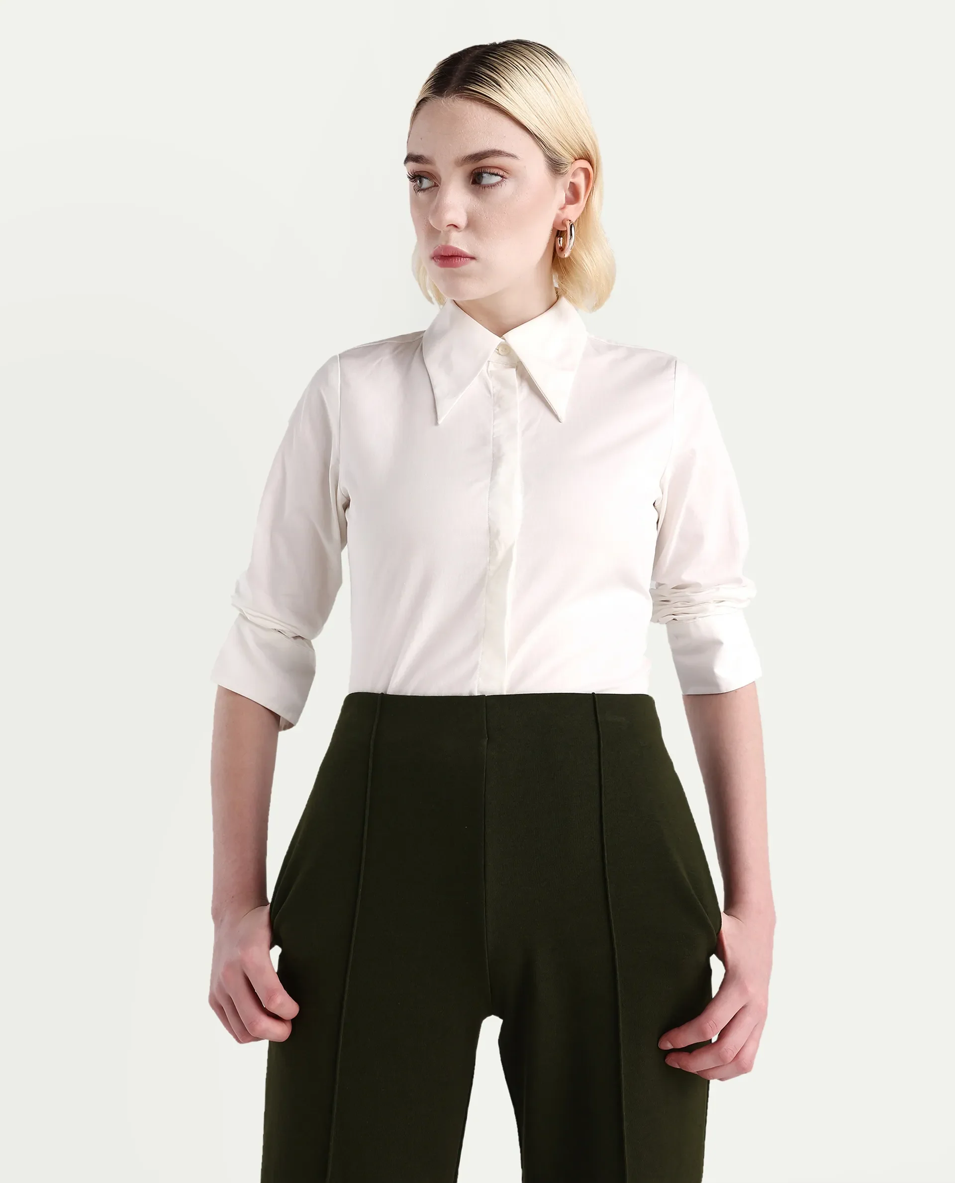 Rareism Women's Ceos White Cotton Spread Collar Plain Cuffed Sleeve Regular Fit Top