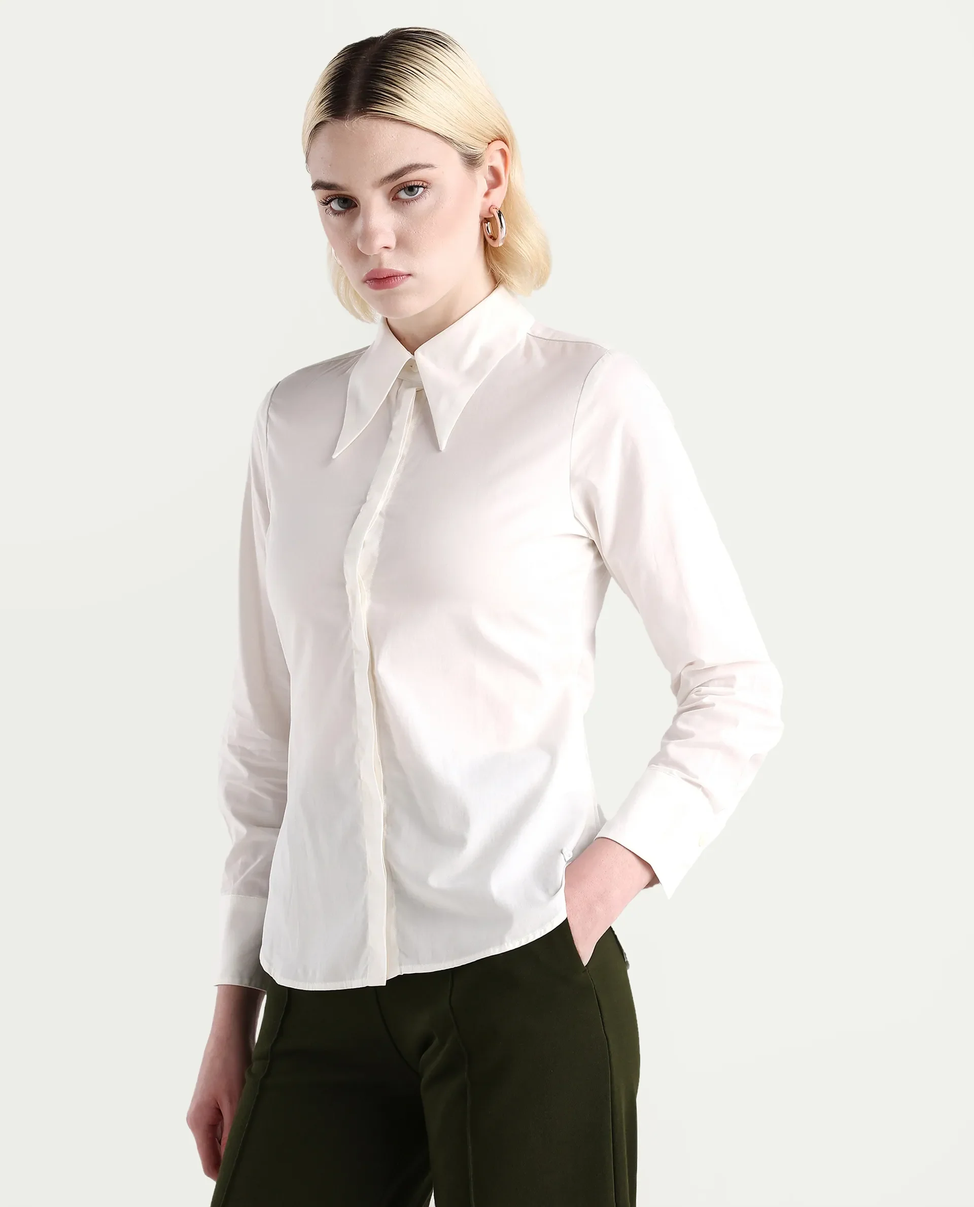 Rareism Women's Ceos White Cotton Spread Collar Plain Cuffed Sleeve Regular Fit Top - Image 5