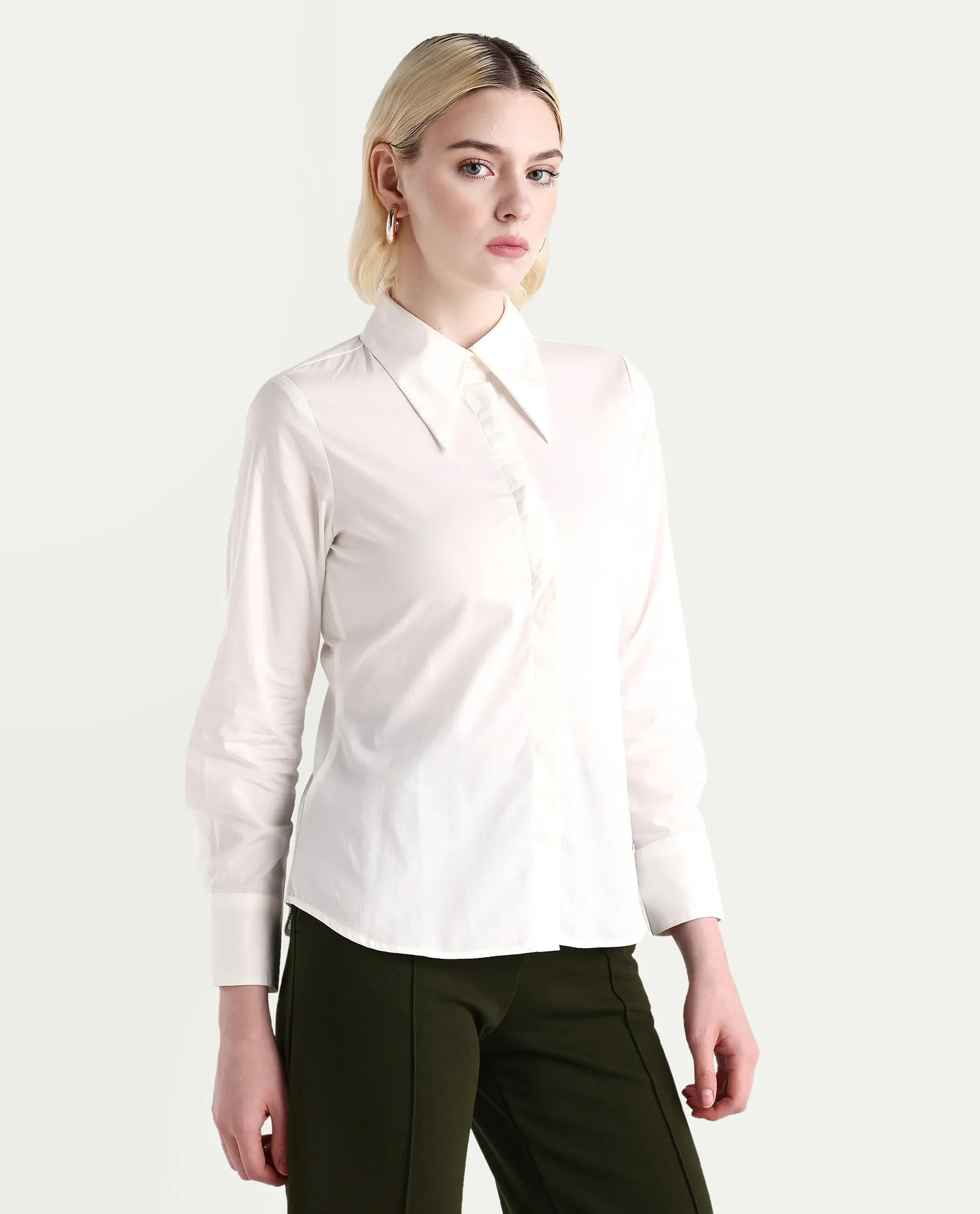 Rareism Women's Ceos White Cotton Spread Collar Plain Cuffed Sleeve Regular Fit Top - Image 6
