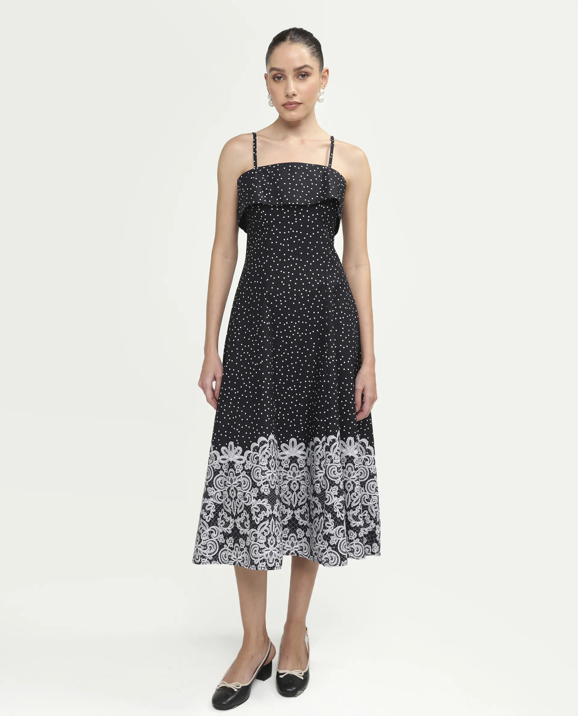 Rareism Women's Cerah Black Cotton Sleeveless A-Line Polka Print Dress - Image 2