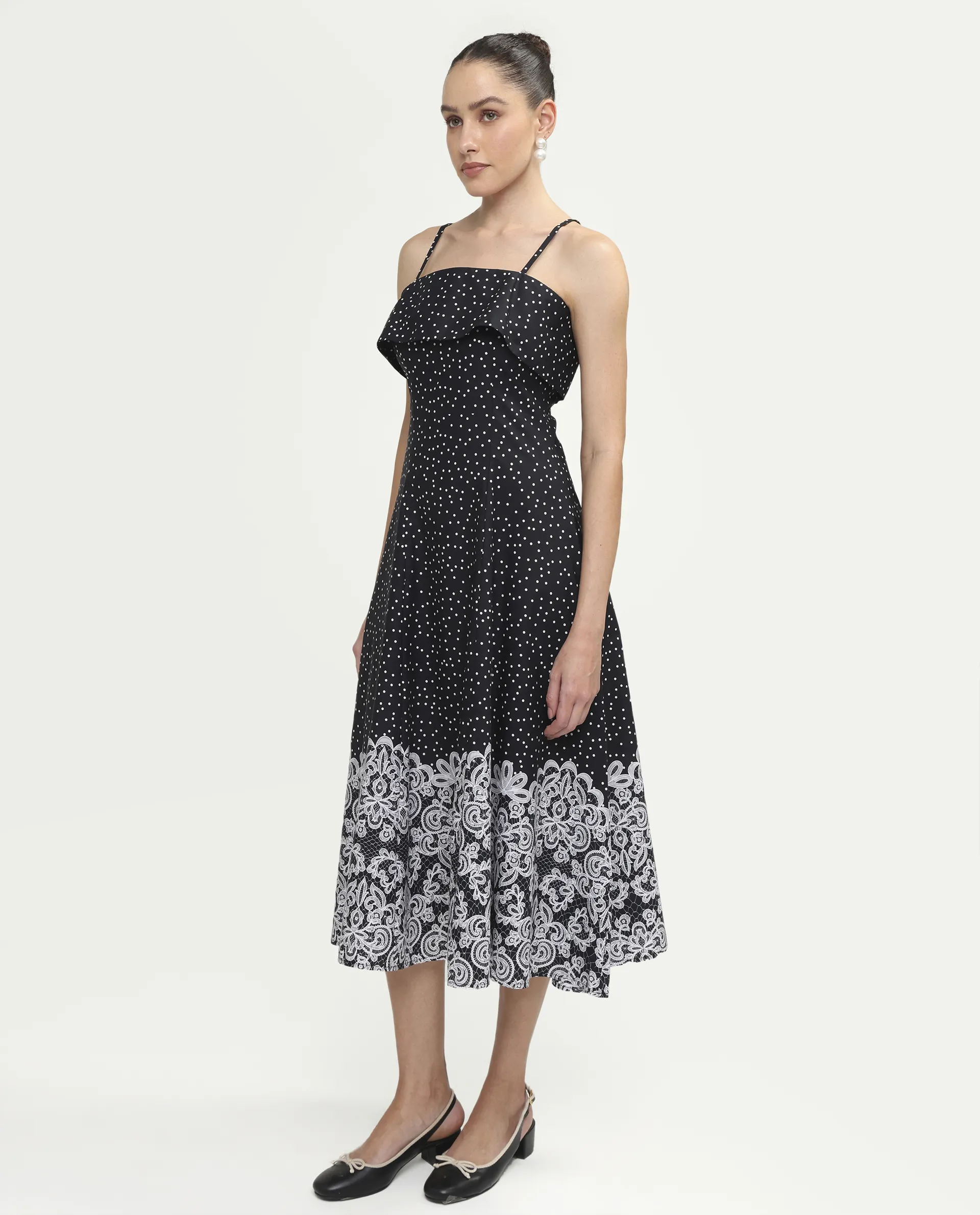 Rareism Women's Cerah Black Cotton Sleeveless A-Line Polka Print Dress - Image 6