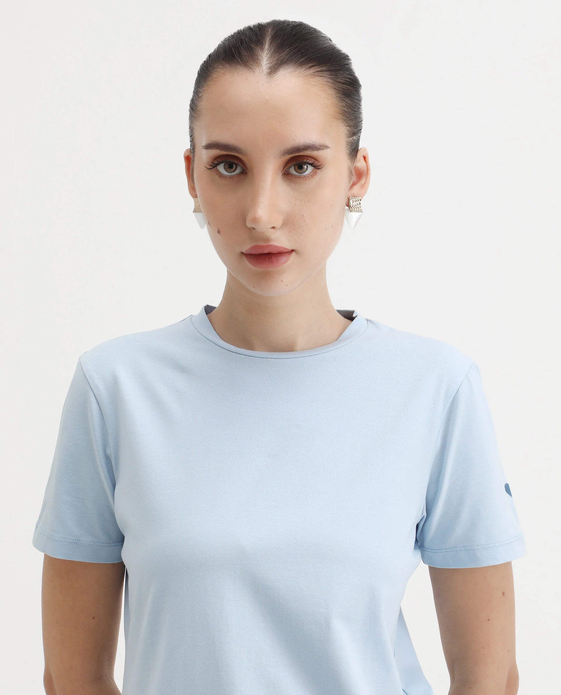 Rareism Women's Cercis Light Blue Polyester Crew Neck Typography Print Regular Fit T-Shirt - Image 3