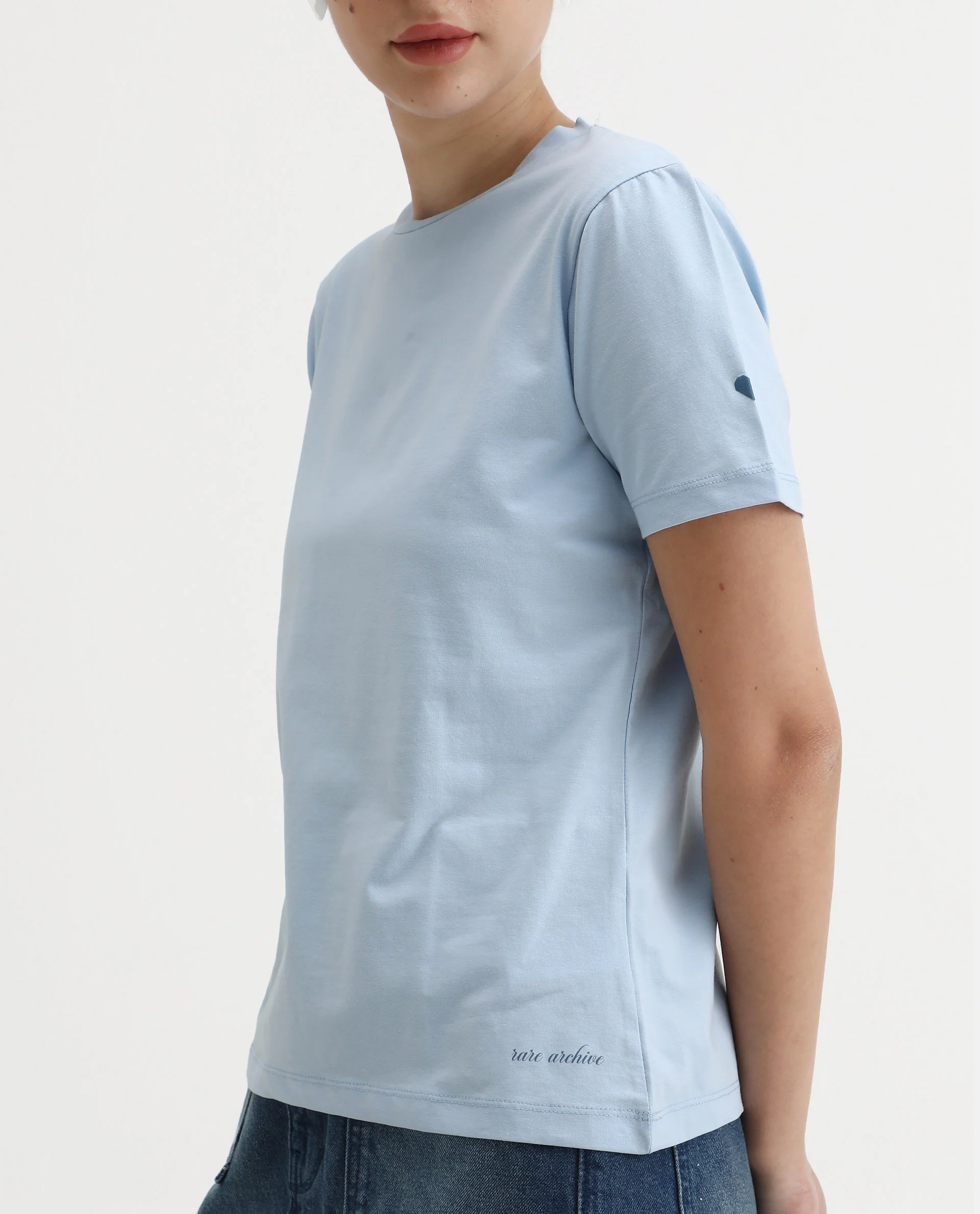 Rareism Women's Cercis Light Blue Polyester Crew Neck Typography Print Regular Fit T-Shirt - Image 4