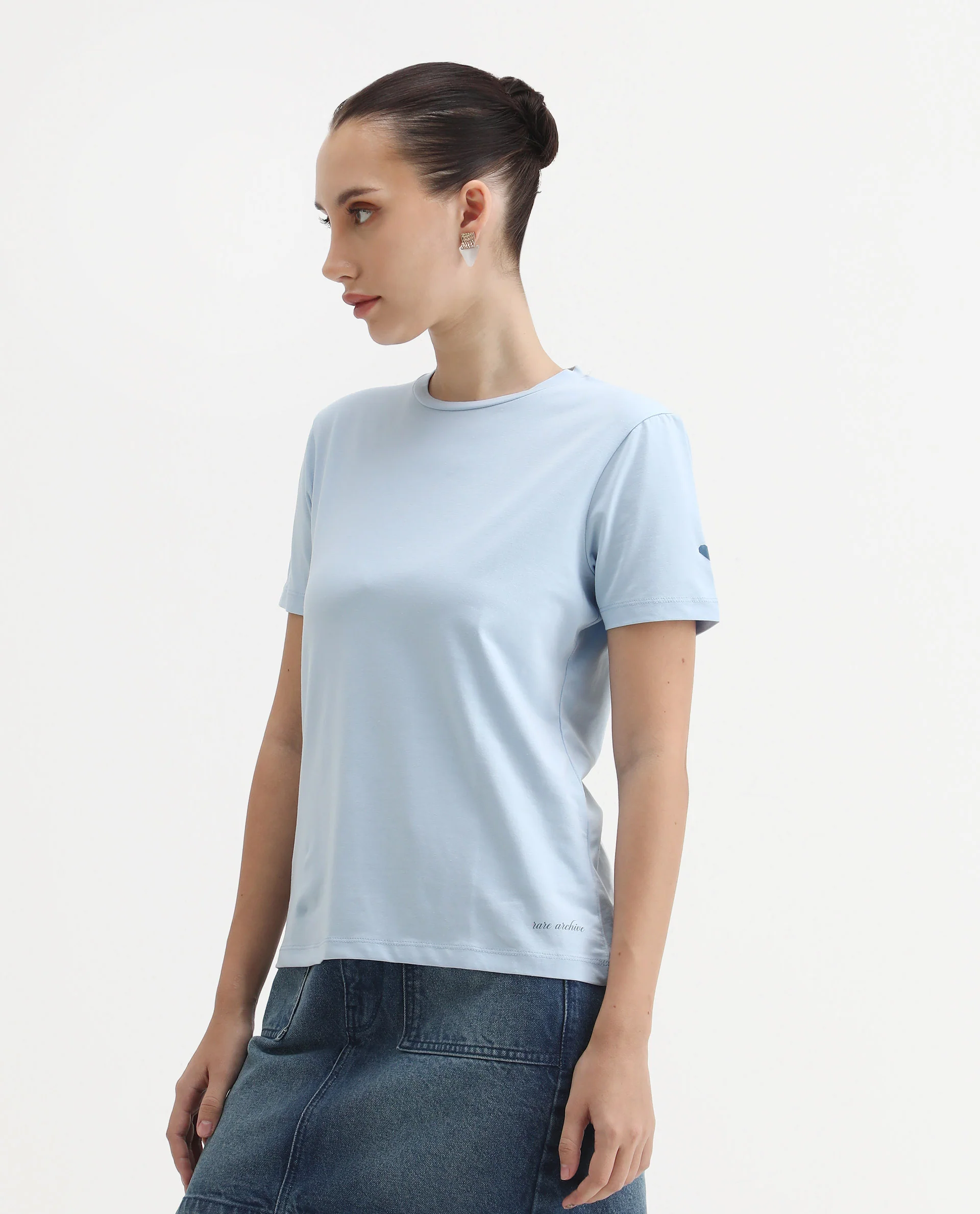 Rareism Women's Cercis Light Blue Polyester Crew Neck Typography Print Regular Fit T-Shirt - Image 5
