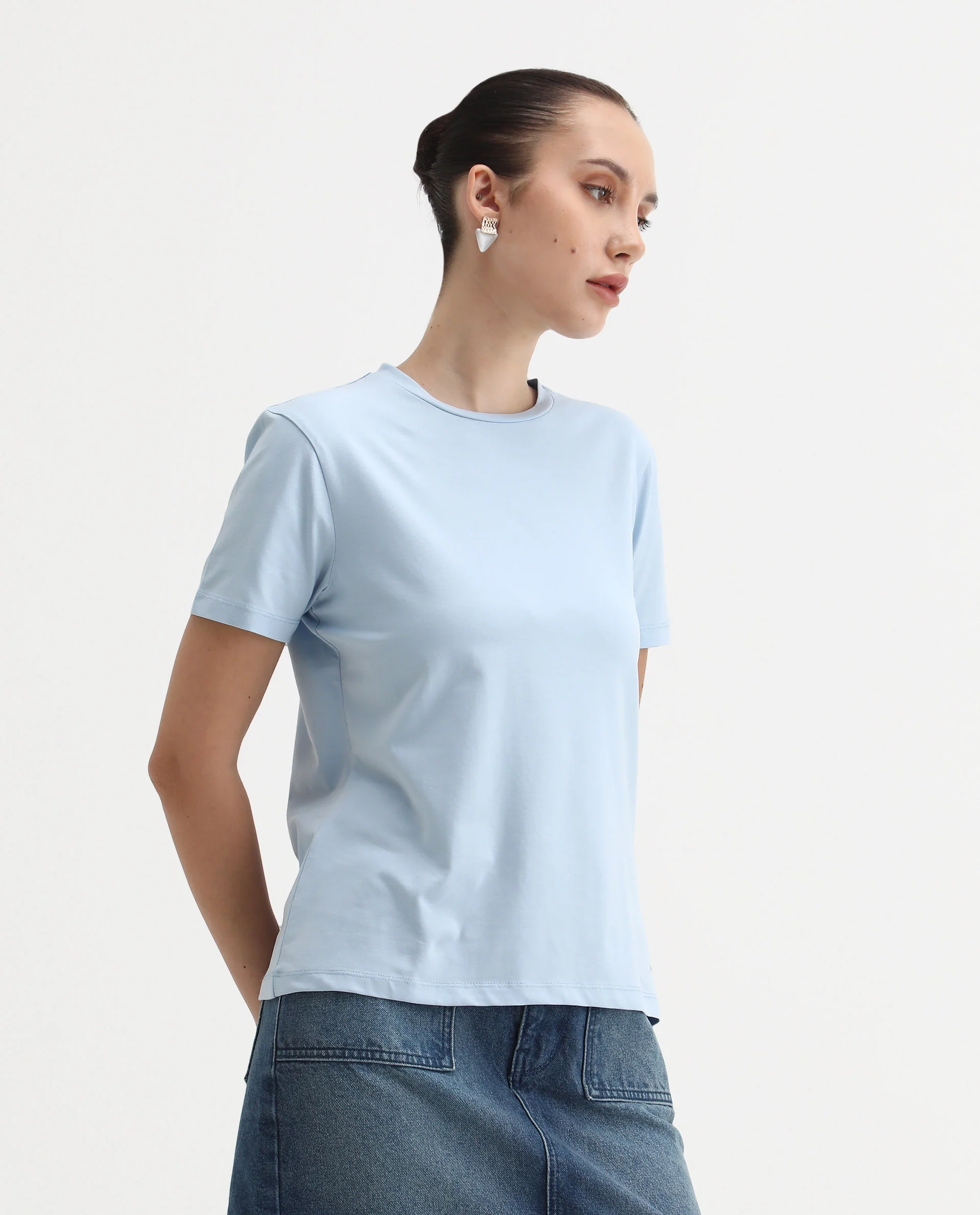 Rareism Women's Cercis Light Blue Polyester Crew Neck Typography Print Regular Fit T-Shirt - Image 6
