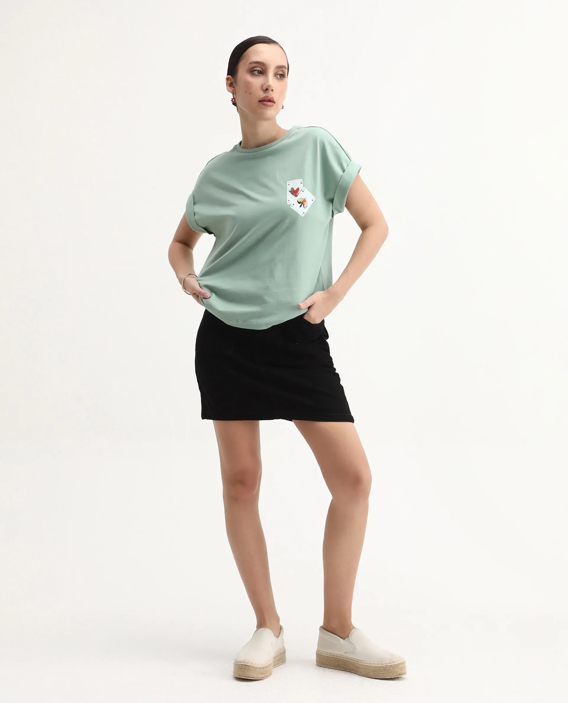 Rareism Women's Cerd Light Green Cotton Fabric Crew Neck Relaxed Fit Graphic Print T-Shirt - Image 2