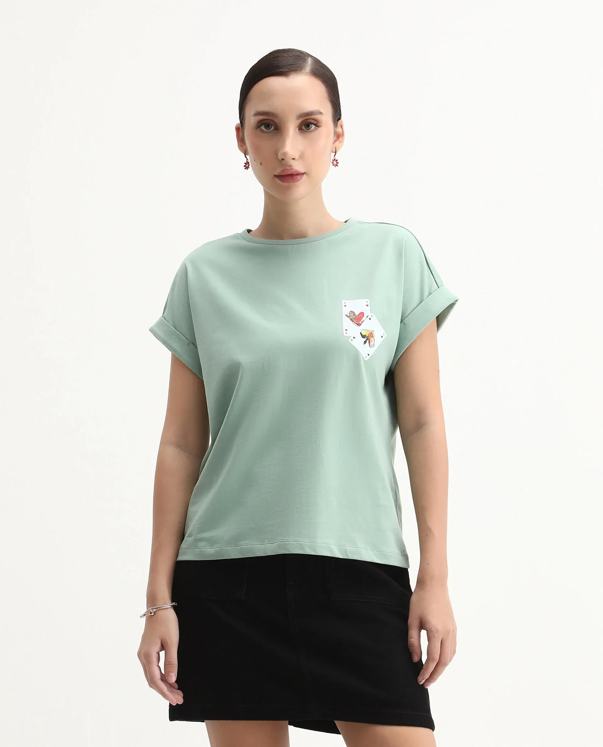 Rareism Women's Cerd Light Green Cotton Fabric Crew Neck Relaxed Fit Graphic Print T-Shirt - Image 3