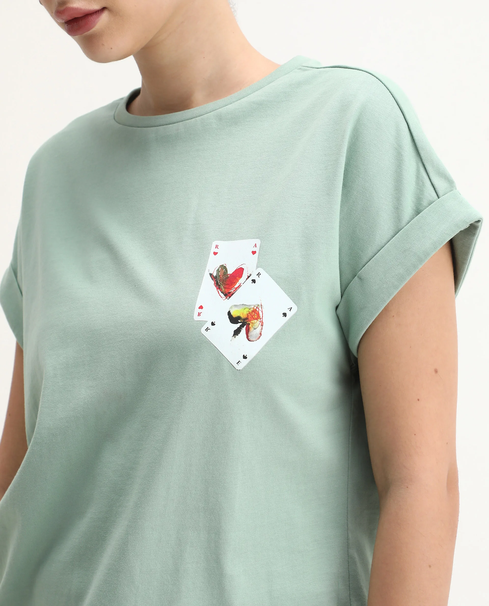 Rareism Women's Cerd Light Green Cotton Fabric Crew Neck Relaxed Fit Graphic Print T-Shirt - Image 4