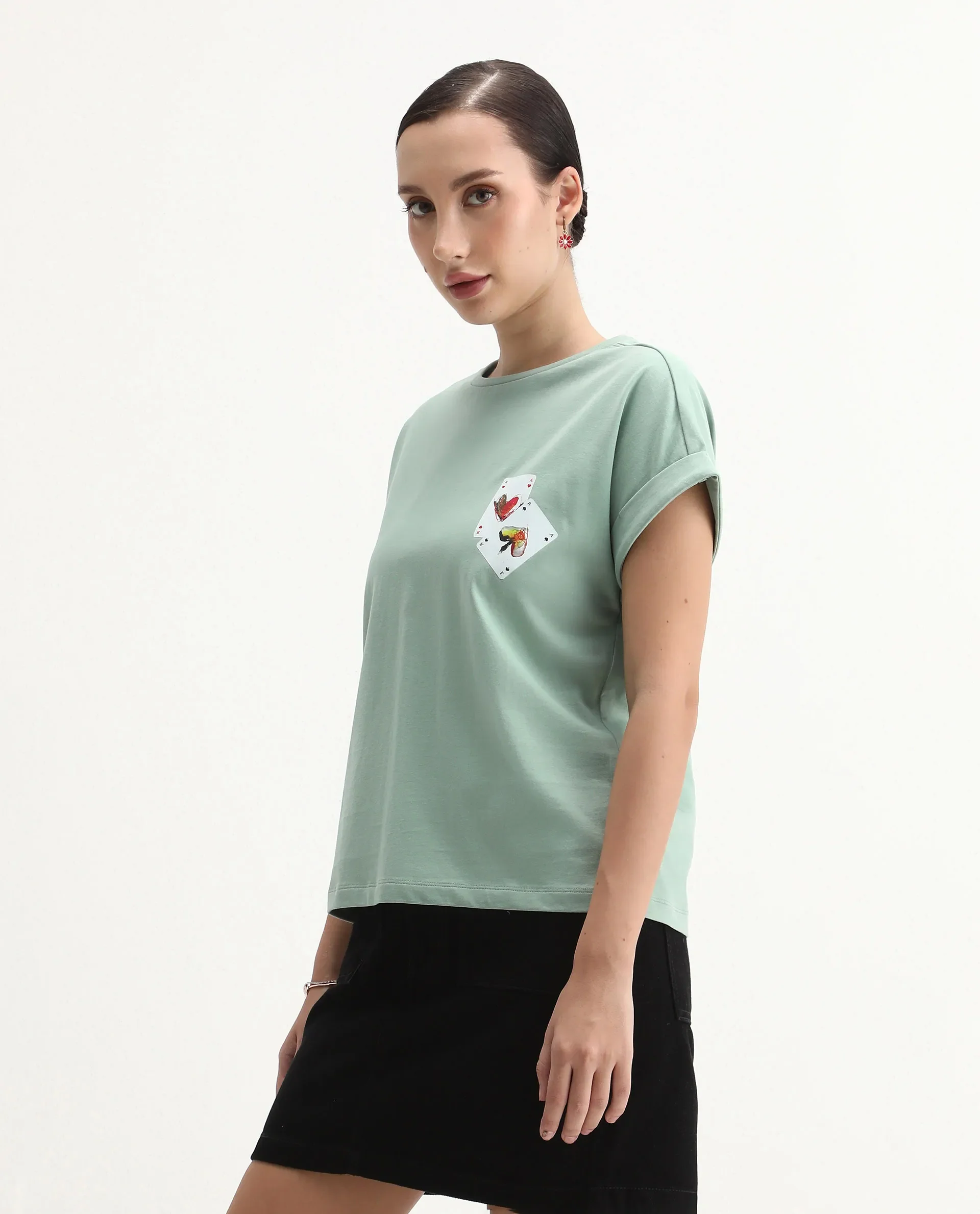 Rareism Women's Cerd Light Green Cotton Fabric Crew Neck Relaxed Fit Graphic Print T-Shirt - Image 5