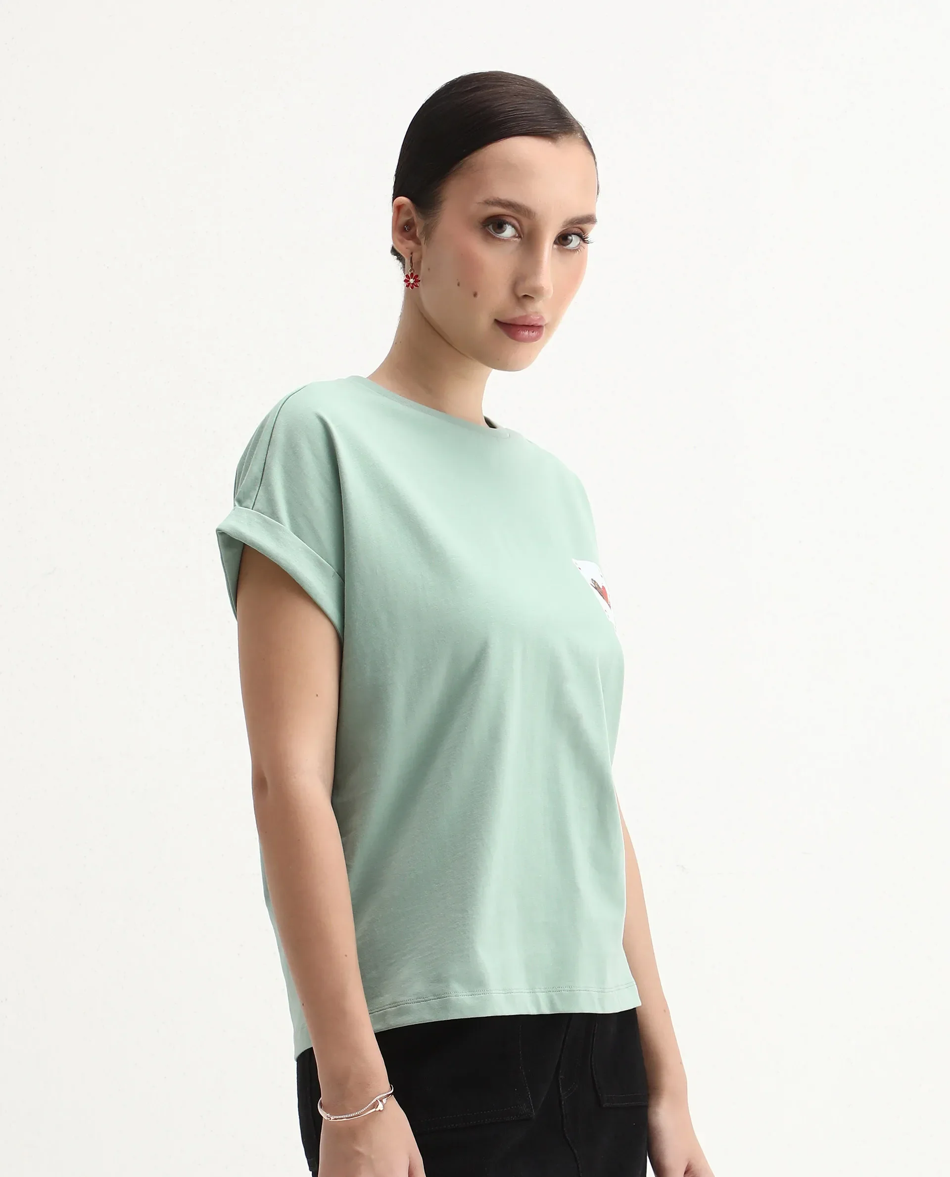 Rareism Women's Cerd Light Green Cotton Fabric Crew Neck Relaxed Fit Graphic Print T-Shirt - Image 6
