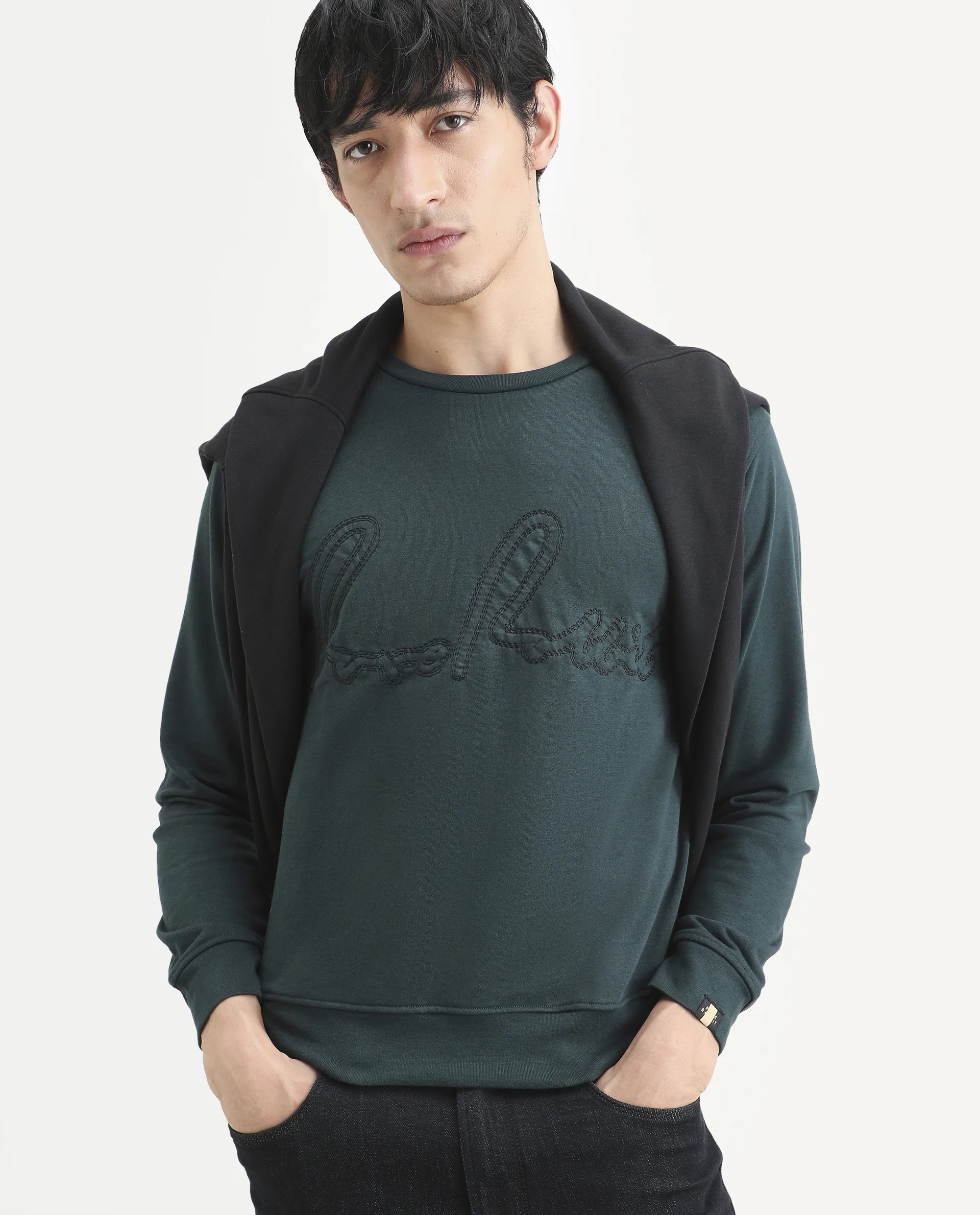 Rare Rabbit Men's Cerdo Dark Green Cotton Embroidered Regular Fit Full Sleeve Crew Neck Sweatshirt