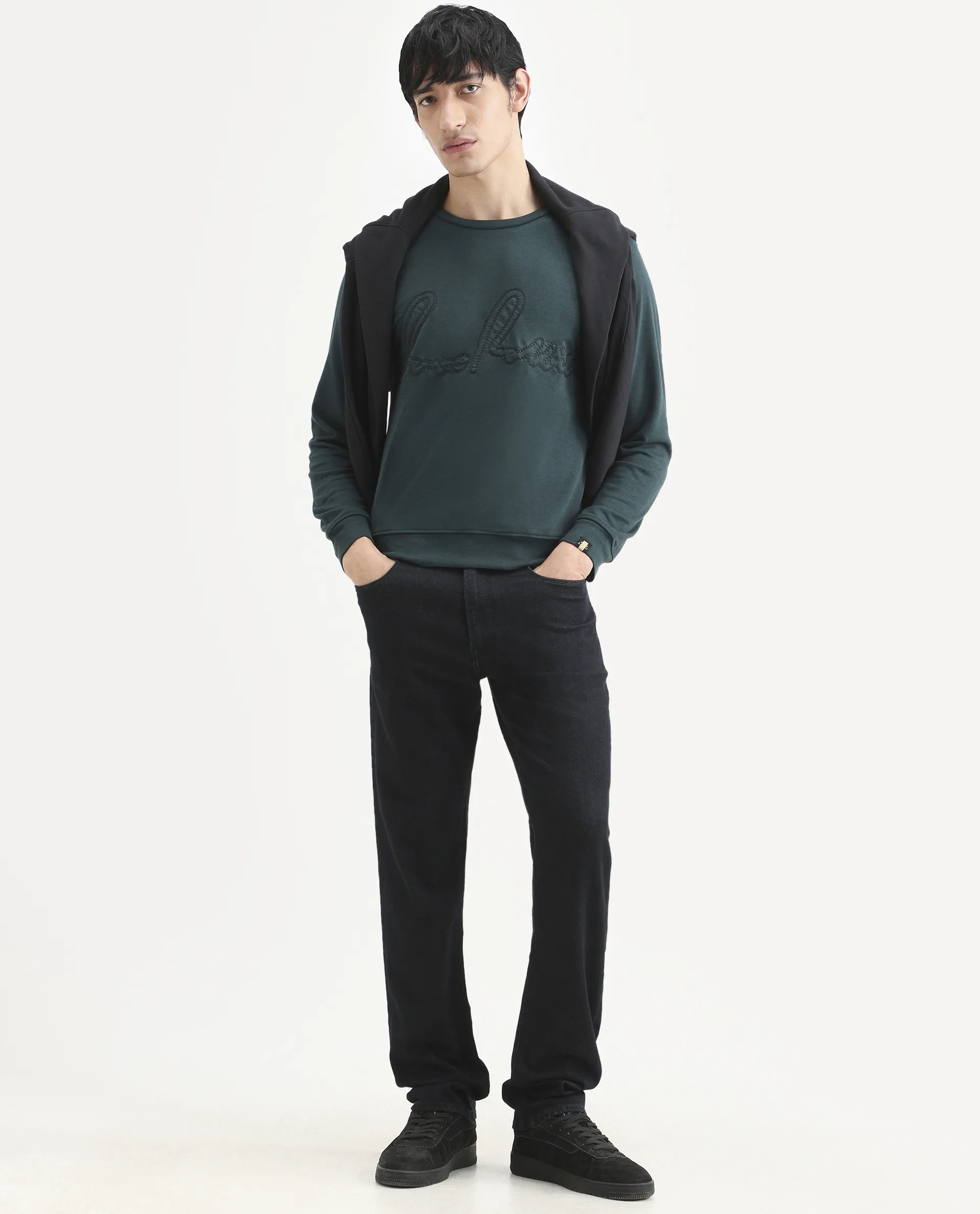 Rare Rabbit Men's Cerdo Dark Green Cotton Embroidered Regular Fit Full Sleeve Crew Neck Sweatshirt - Image 2