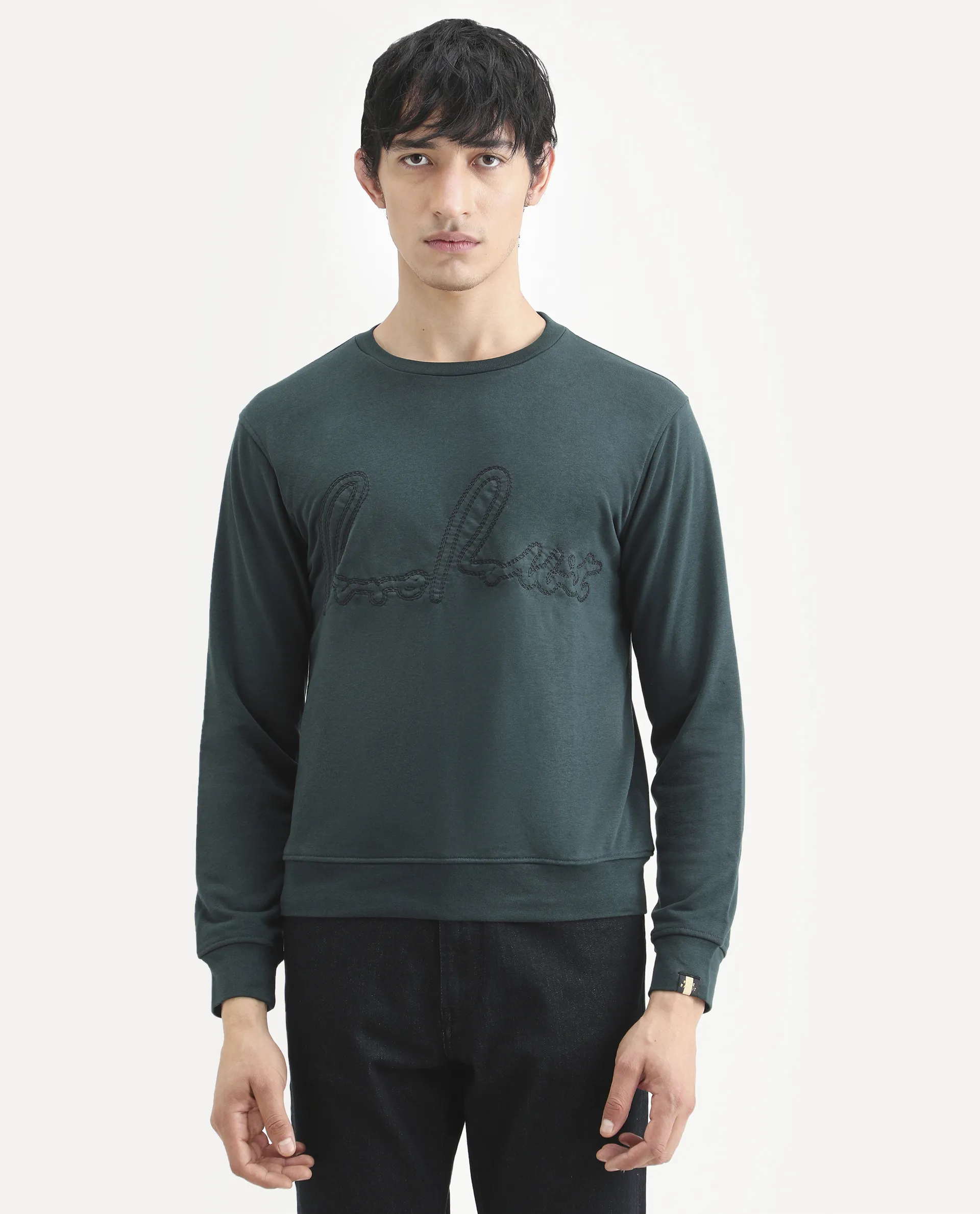 Rare Rabbit Men's Cerdo Dark Green Cotton Embroidered Regular Fit Full Sleeve Crew Neck Sweatshirt - Image 3