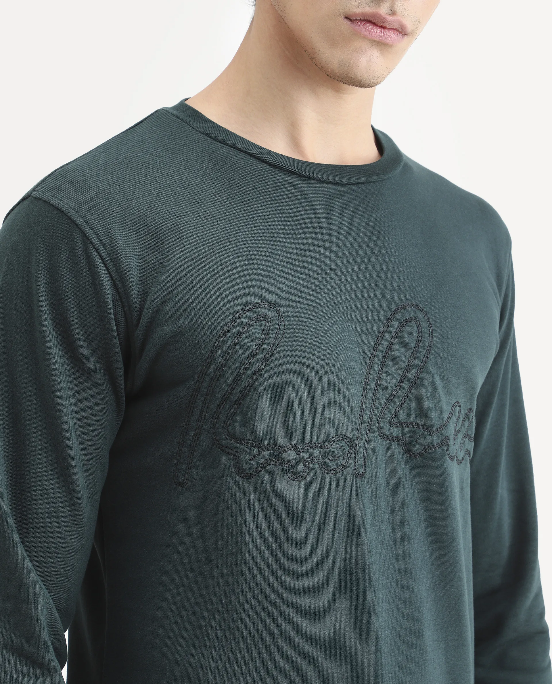 Rare Rabbit Men's Cerdo Dark Green Cotton Embroidered Regular Fit Full Sleeve Crew Neck Sweatshirt - Image 4