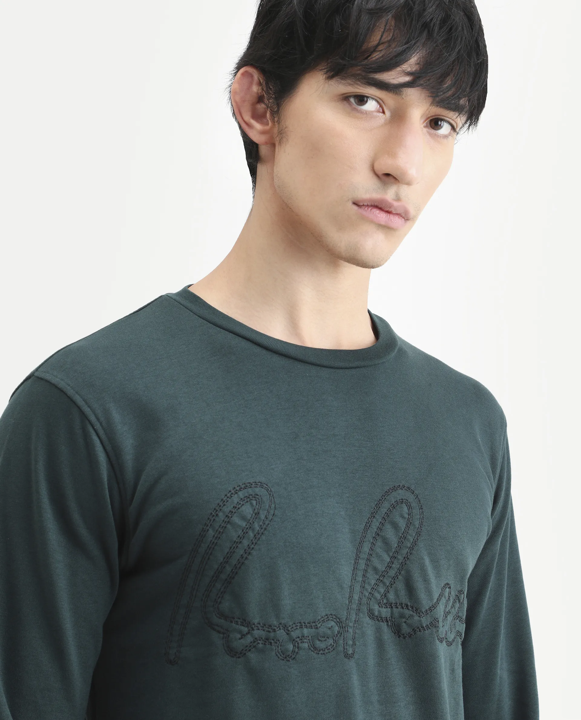 Rare Rabbit Men's Cerdo Dark Green Cotton Embroidered Regular Fit Full Sleeve Crew Neck Sweatshirt - Image 5