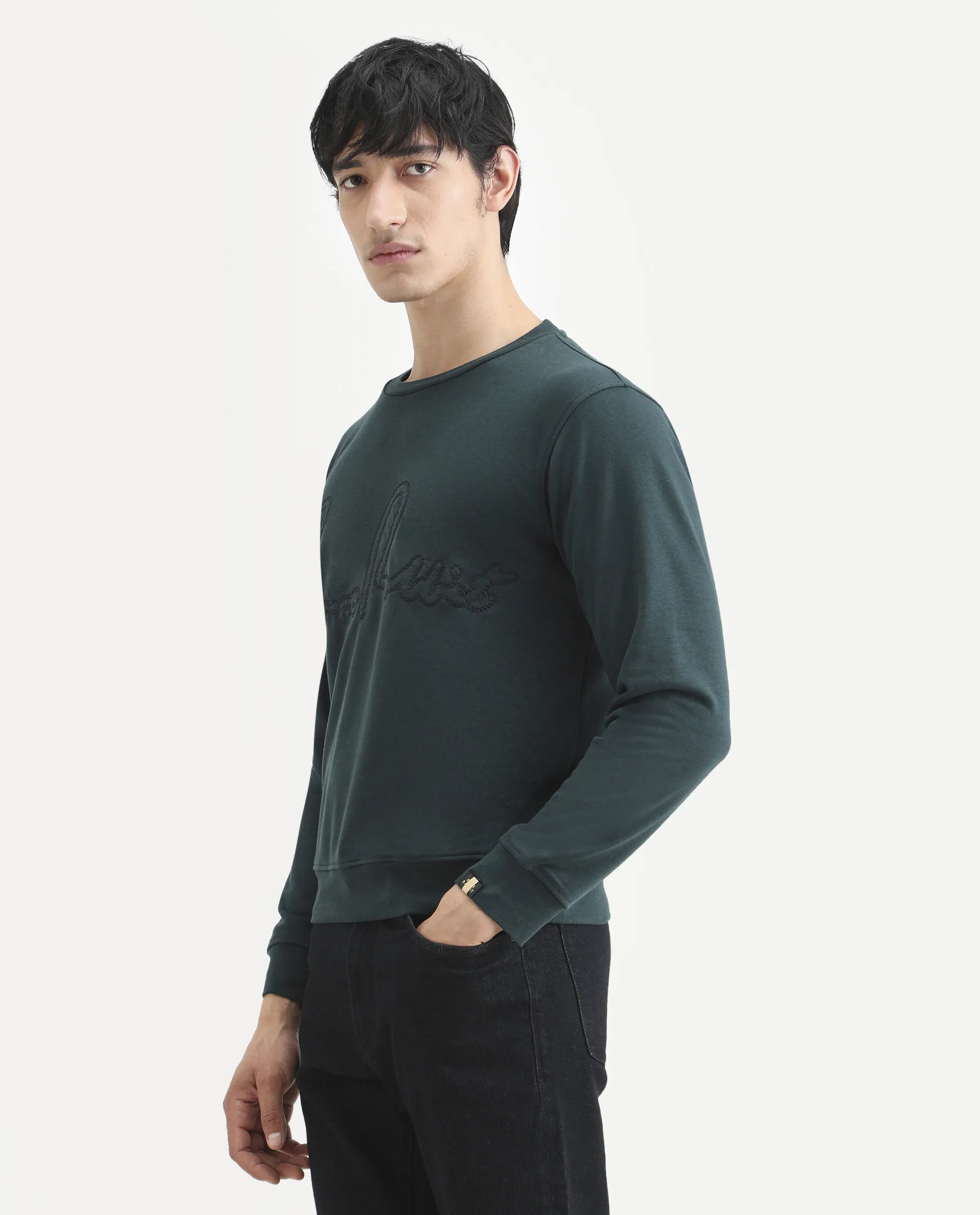 Rare Rabbit Men's Cerdo Dark Green Cotton Embroidered Regular Fit Full Sleeve Crew Neck Sweatshirt - Image 6