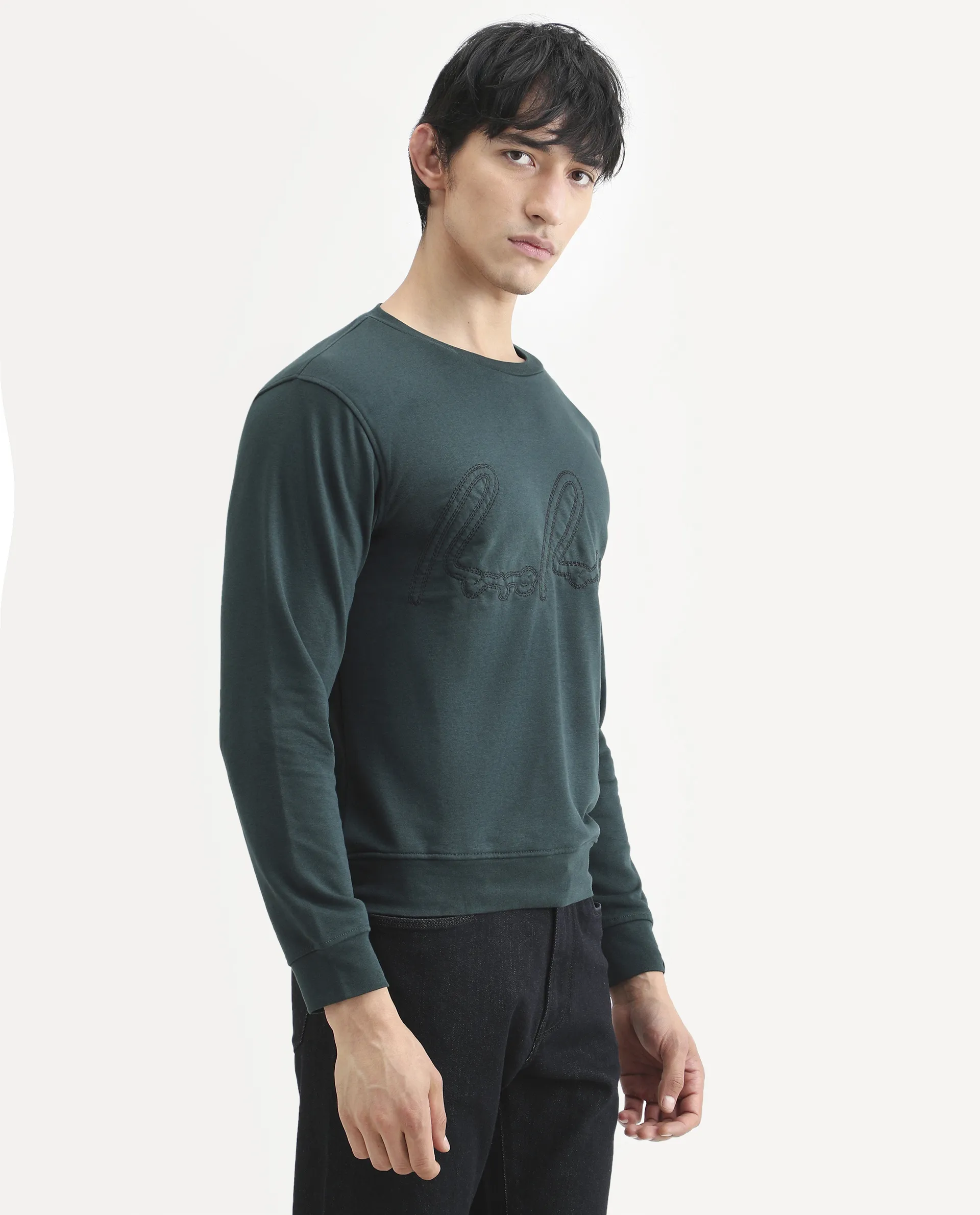 Rare Rabbit Men's Cerdo Dark Green Cotton Embroidered Regular Fit Full Sleeve Crew Neck Sweatshirt - Image 7