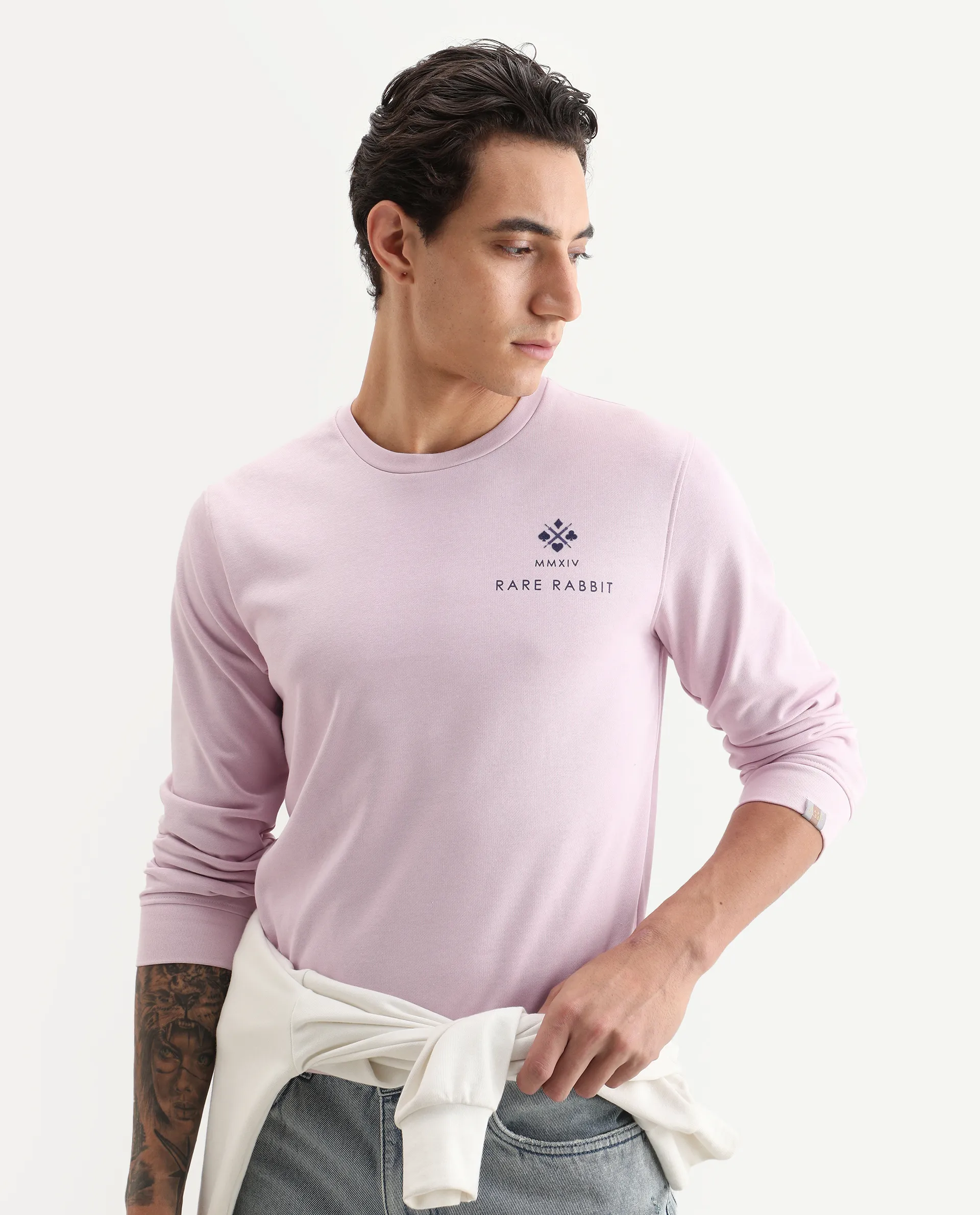 Rare Rabbit Men's Cerdon Light Pink Cotton Graphic Print Regular Fit Full Sleeve Crew Neck Sweatshirt