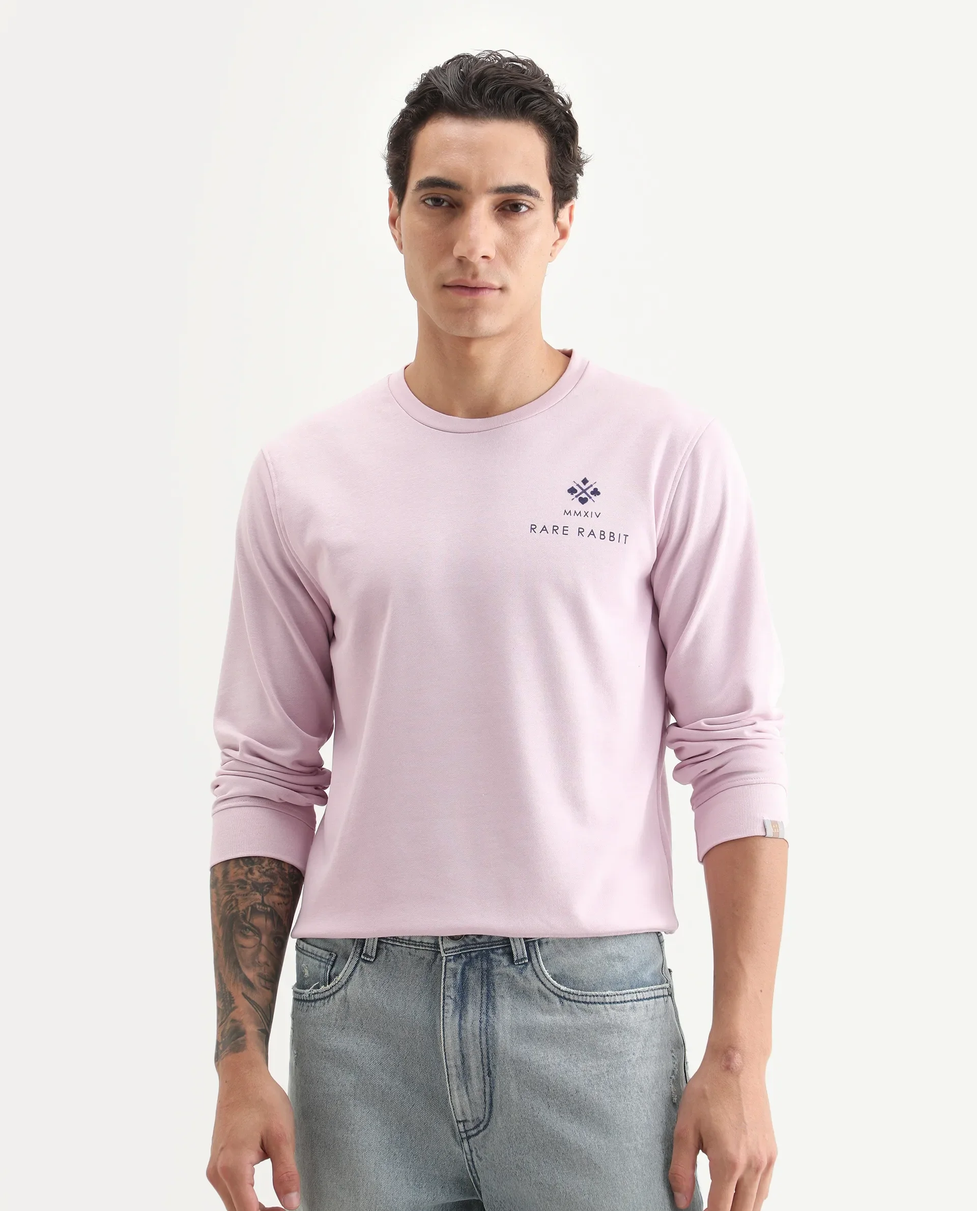Rare Rabbit Men's Cerdon Light Pink Cotton Graphic Print Regular Fit Full Sleeve Crew Neck Sweatshirt - Image 3