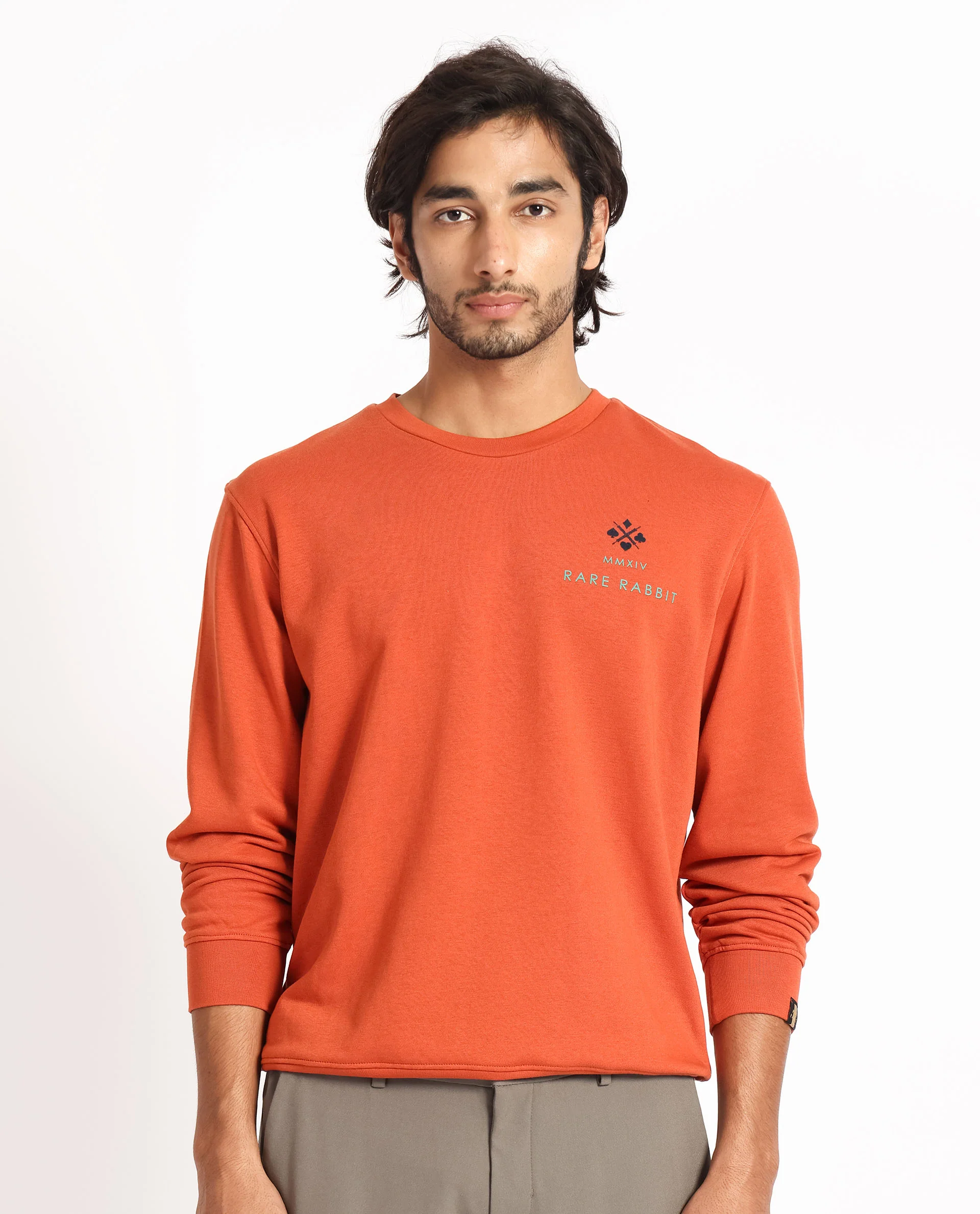 Rare Rabbit Men's Cerdon Rust Cotton Graphic Print Regular Fit Full Sleeve Crew Neck Sweatshirt