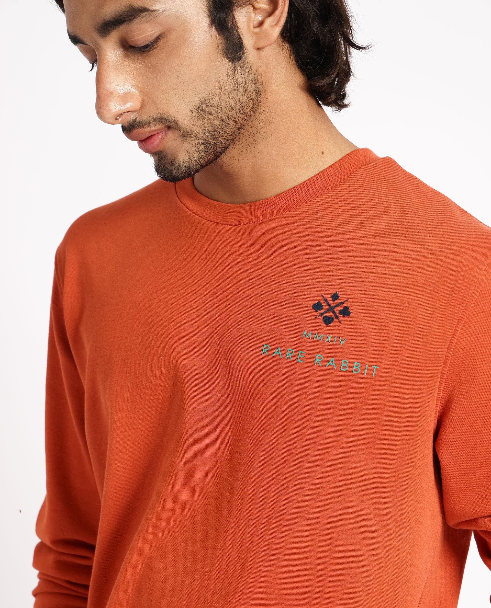 Rare Rabbit Men's Cerdon Rust Cotton Graphic Print Regular Fit Full Sleeve Crew Neck Sweatshirt - Image 2