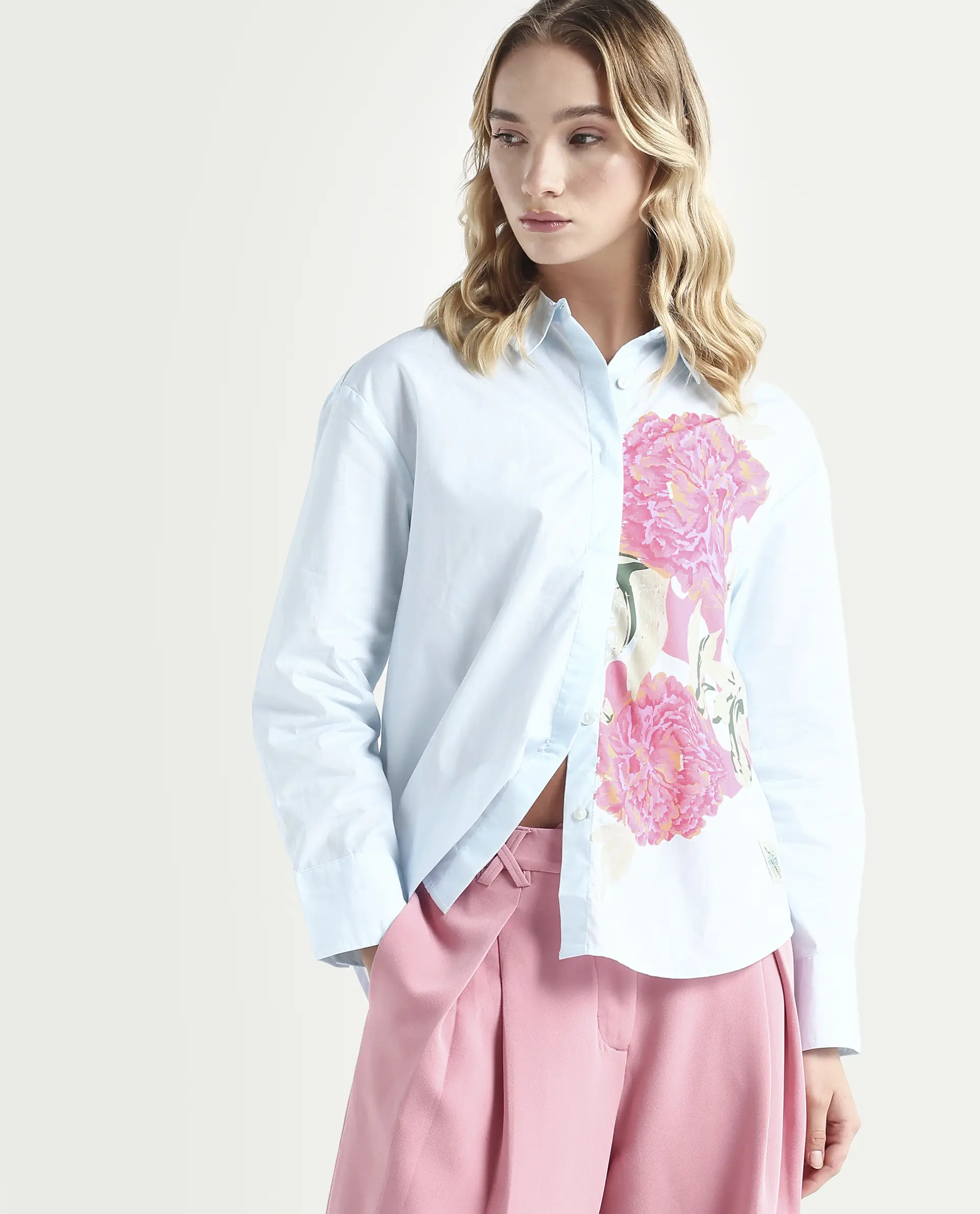 Rareism Women's Ceredi Light Blue Cotton Drop Collar Floral Print Cuffed Sleeve Boxy Fit Shirt