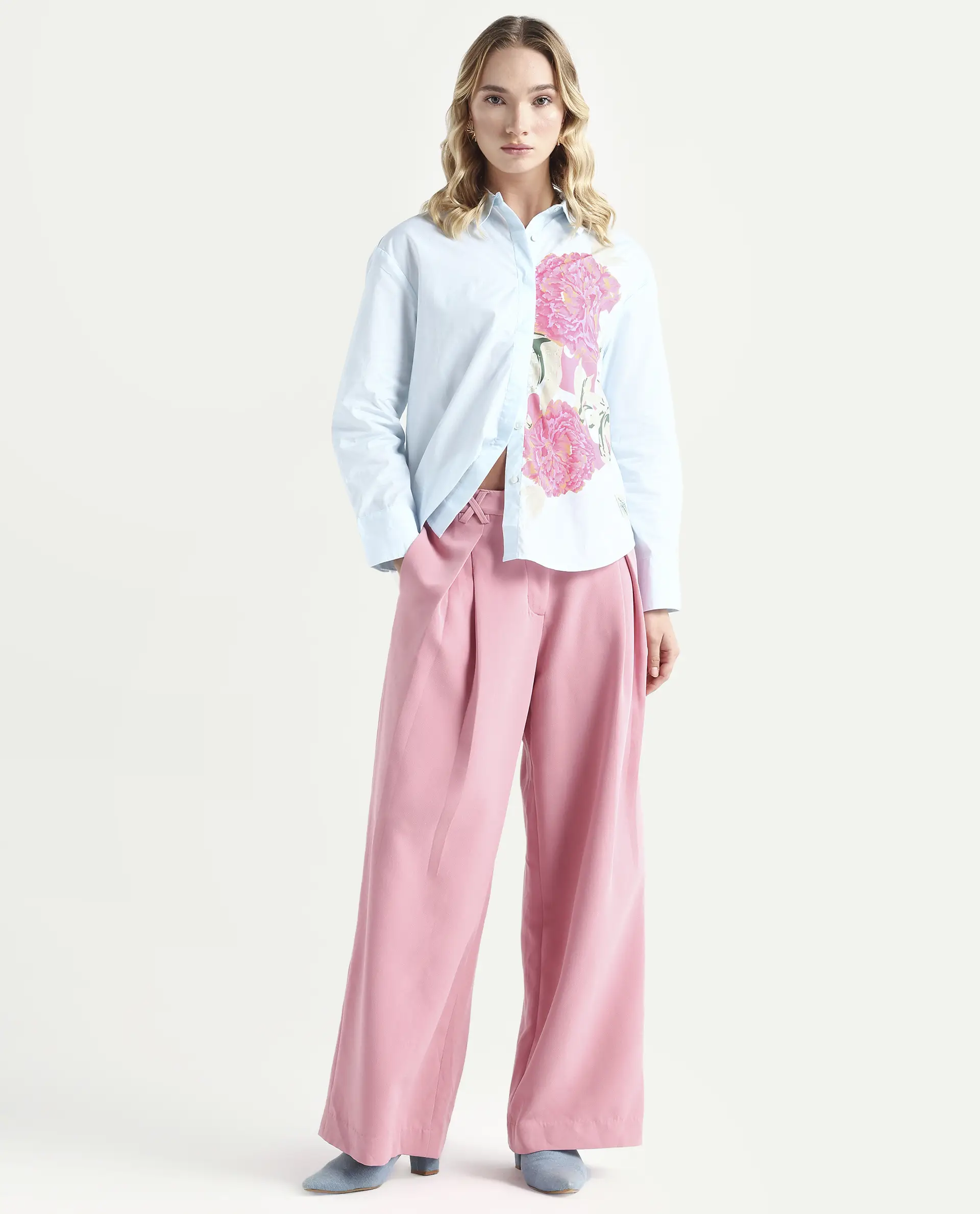 Rareism Women's Ceredi Light Blue Cotton Drop Collar Floral Print Cuffed Sleeve Boxy Fit Shirt - Image 2