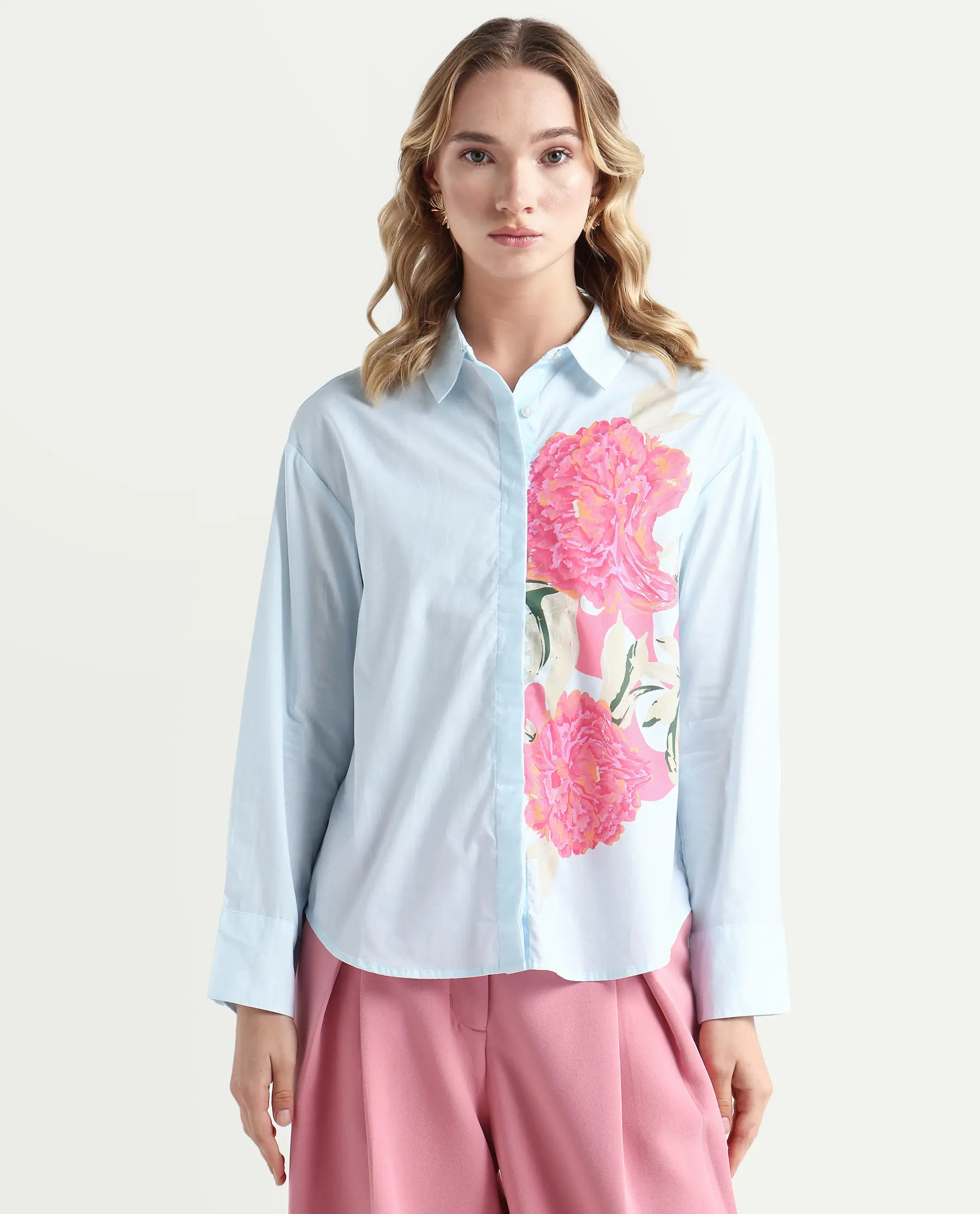 Rareism Women's Ceredi Light Blue Cotton Drop Collar Floral Print Cuffed Sleeve Boxy Fit Shirt - Image 3