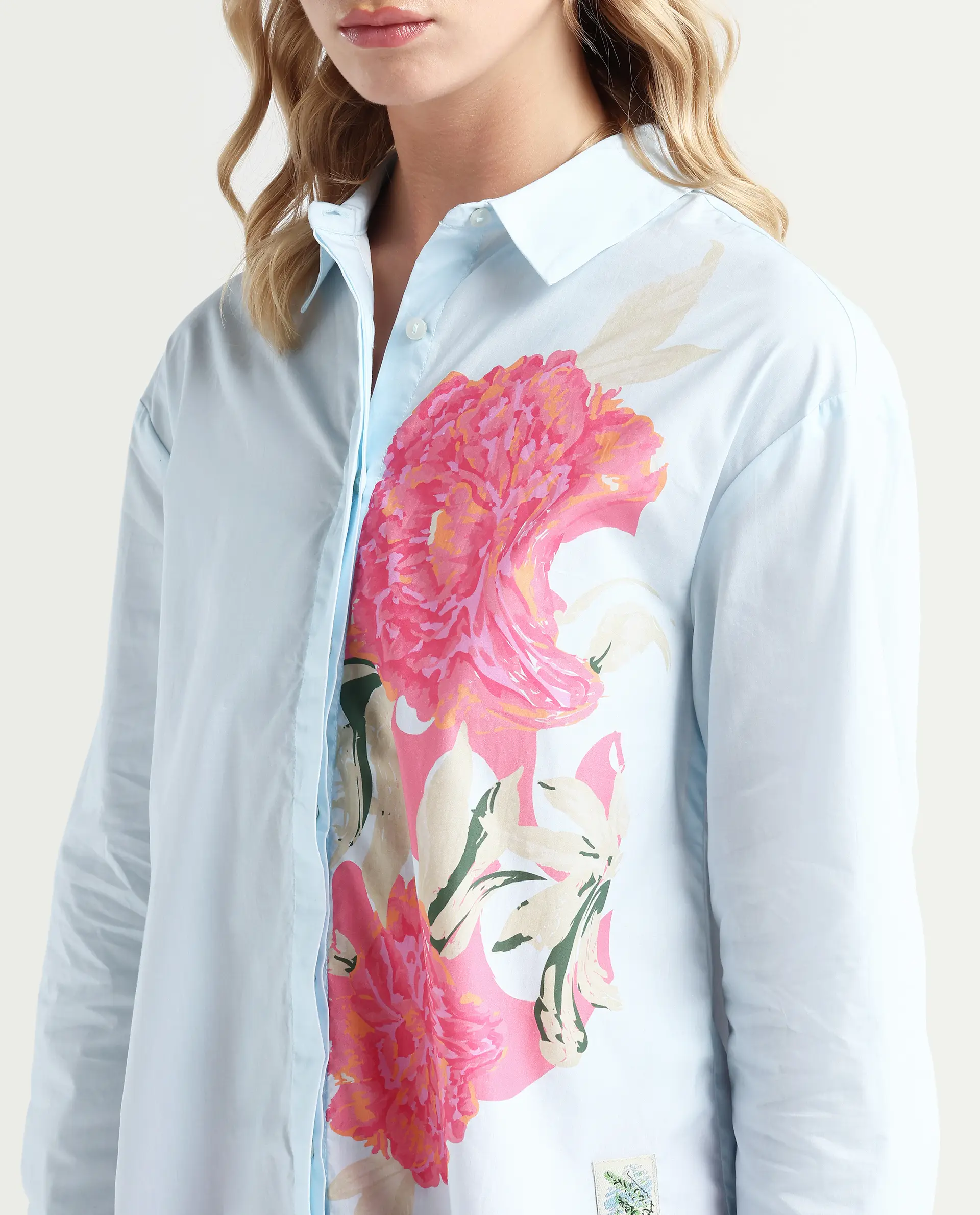 Rareism Women's Ceredi Light Blue Cotton Drop Collar Floral Print Cuffed Sleeve Boxy Fit Shirt - Image 4