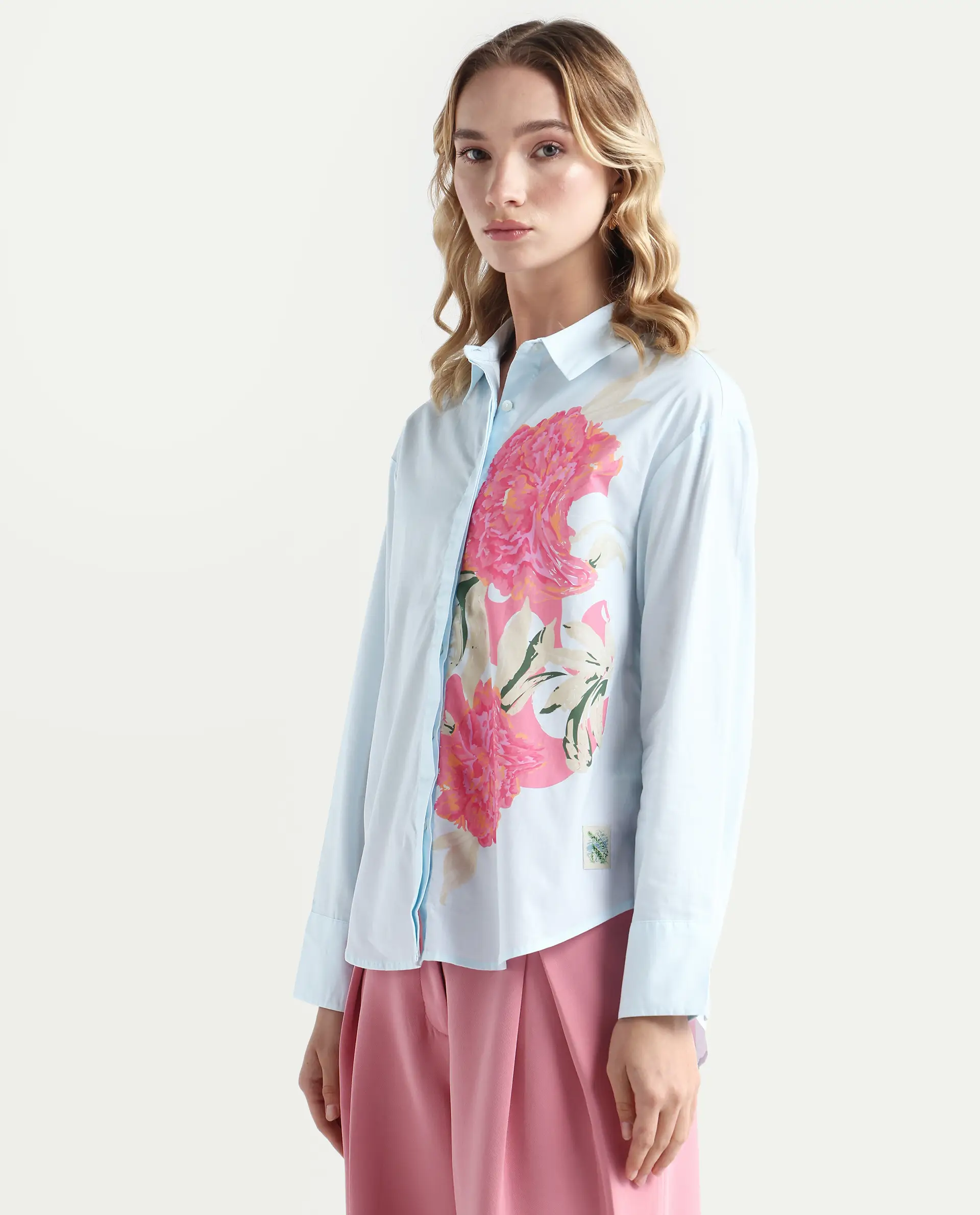 Rareism Women's Ceredi Light Blue Cotton Drop Collar Floral Print Cuffed Sleeve Boxy Fit Shirt - Image 5