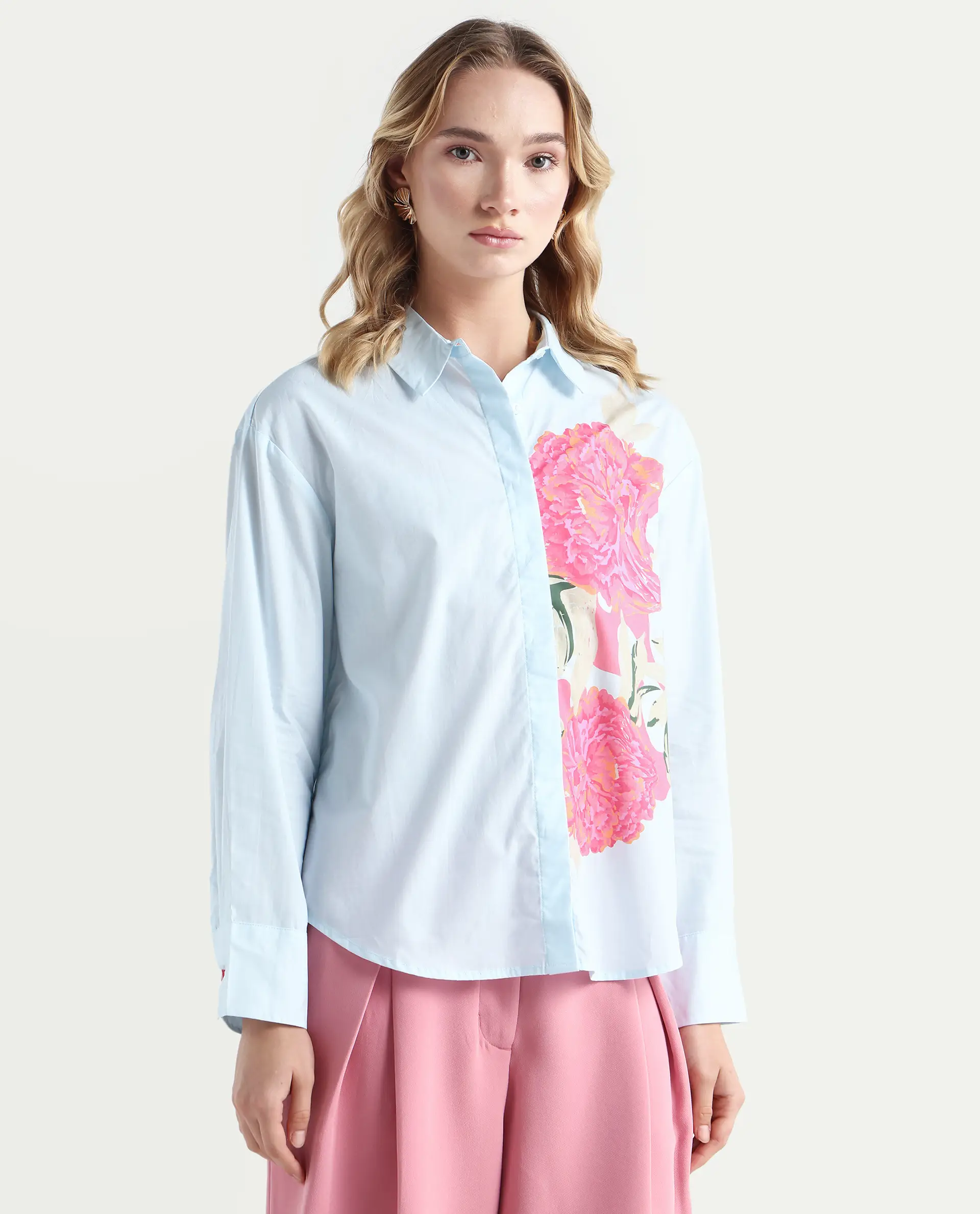 Rareism Women's Ceredi Light Blue Cotton Drop Collar Floral Print Cuffed Sleeve Boxy Fit Shirt - Image 6