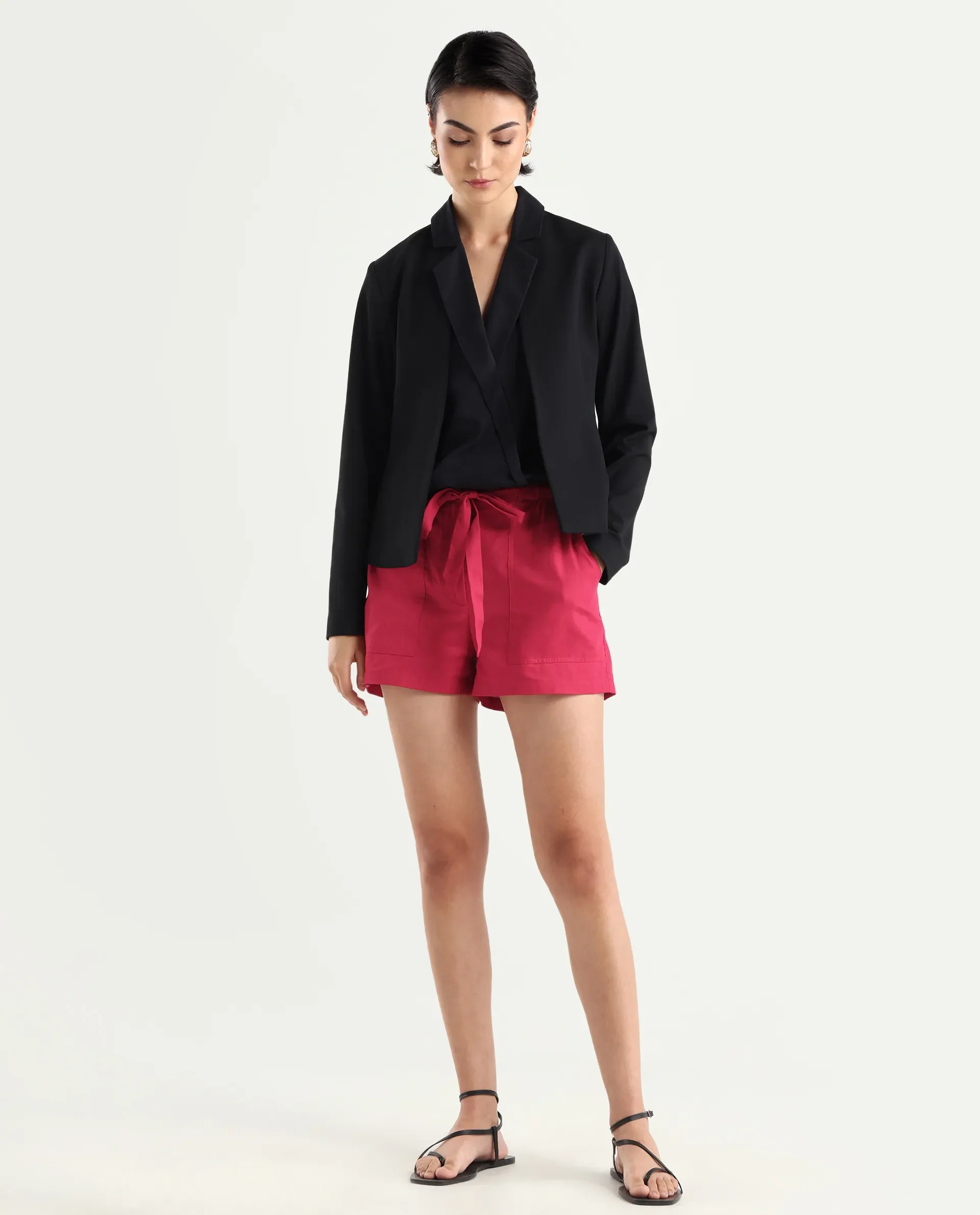 Rareism Women's Cerig Red Cotton Blend Plain Mini Regular Fit Shorts