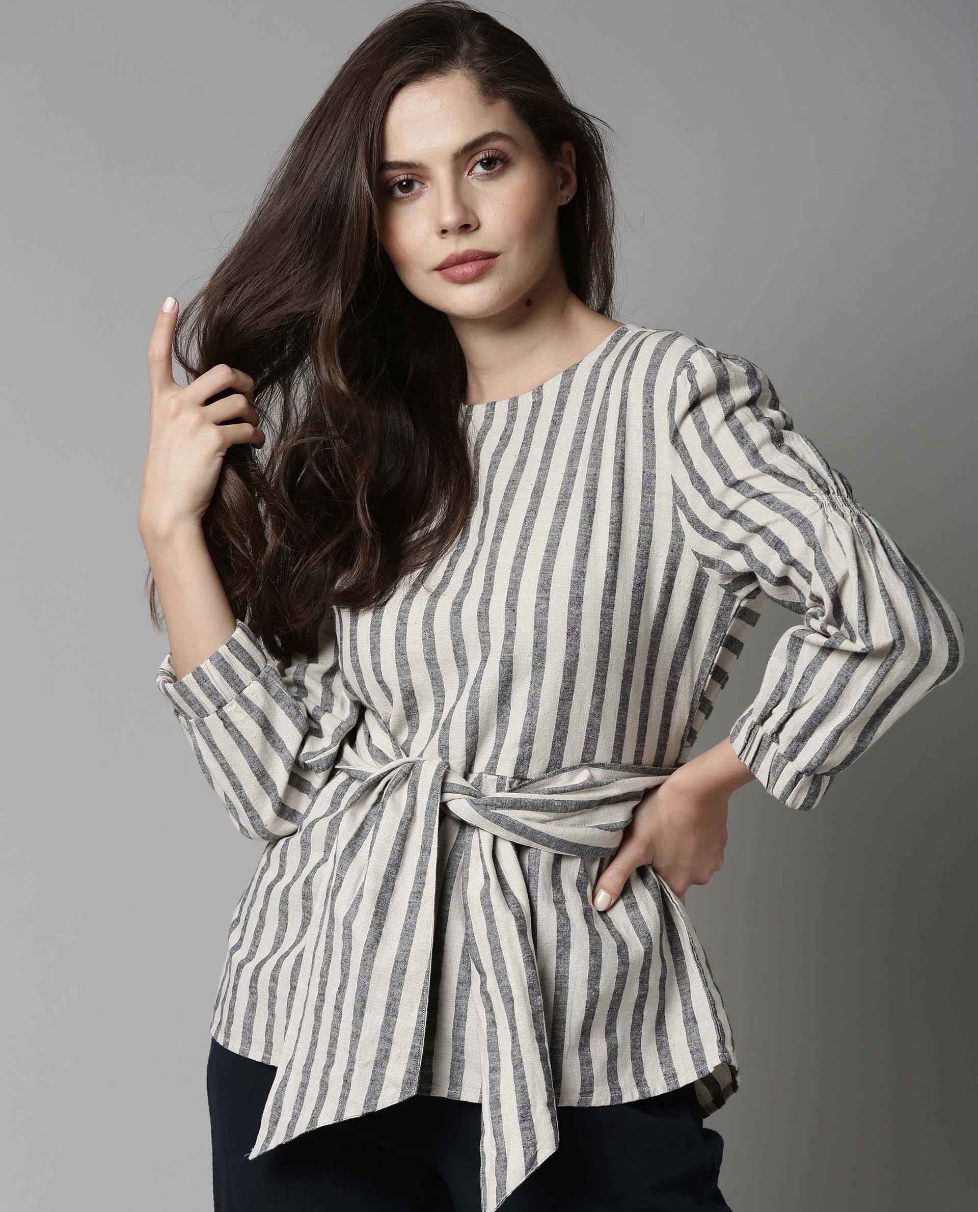 Rareism Women Ceris Navy Top Short Sleeves Stripe