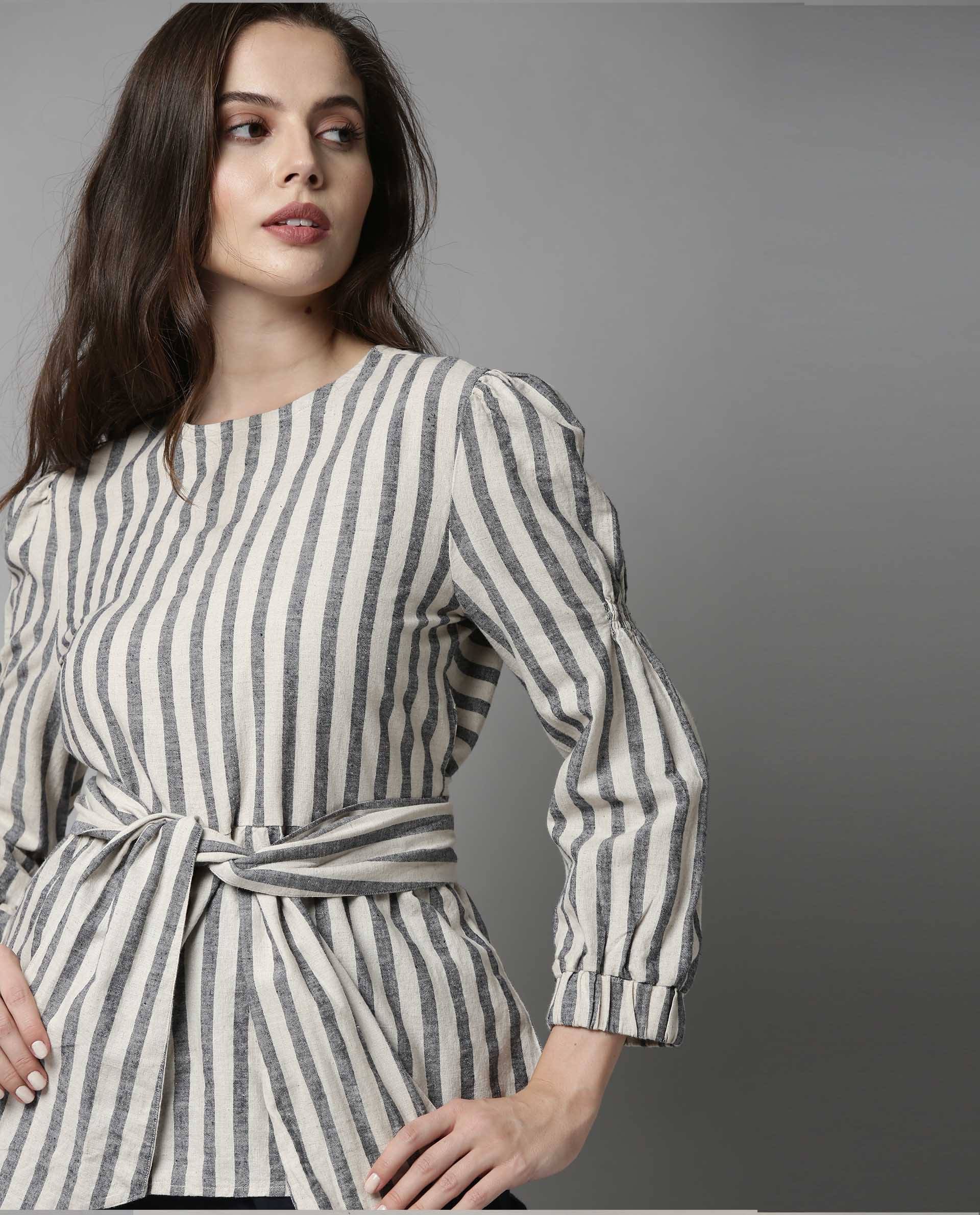 Rareism Women Ceris Navy Top Short Sleeves Stripe - Image 2