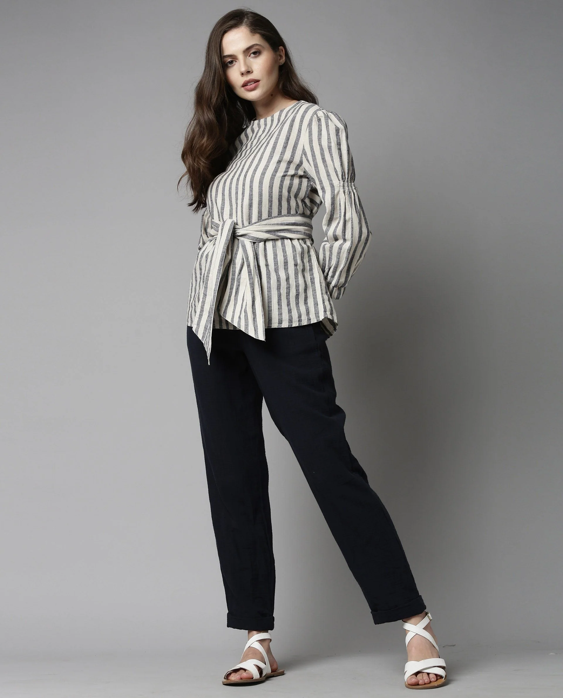 Rareism Women Ceris Navy Top Short Sleeves Stripe - Image 3