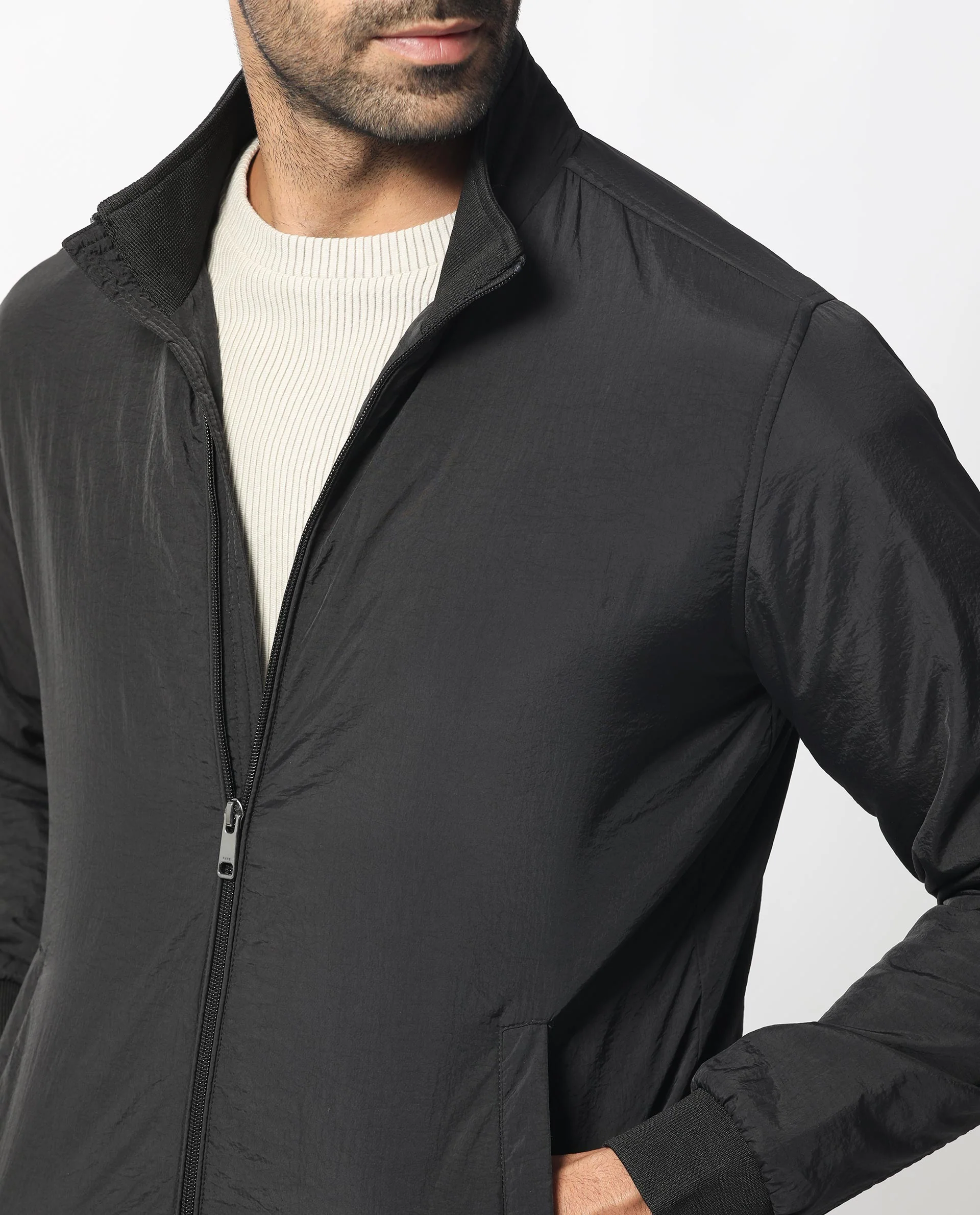 Rare Rabbit Men's Cerno Black Polyester Plain Regular Fit Full Sleeve Mandarin Collar Jacket - Image 3